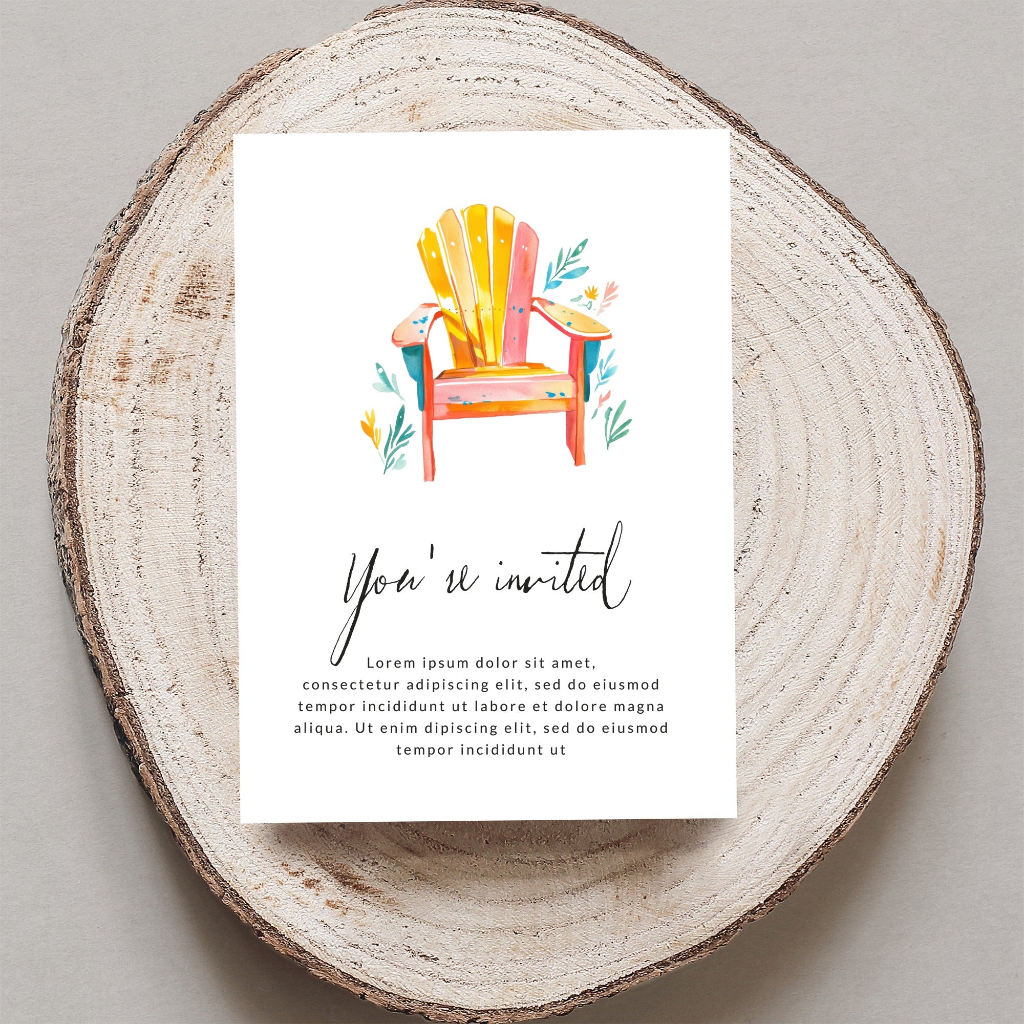 Invitation card with watercolor Adirondack chair and "You're invited" text.