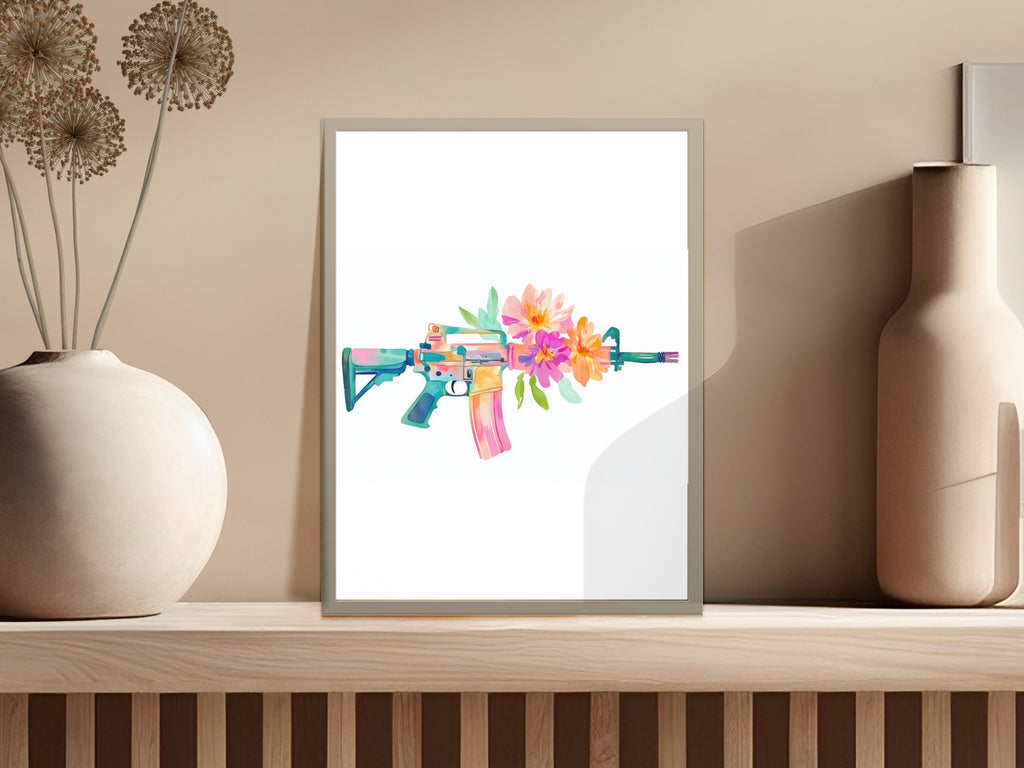 Floral watercolor AR-15 rifle on a framed print on a shelf.
