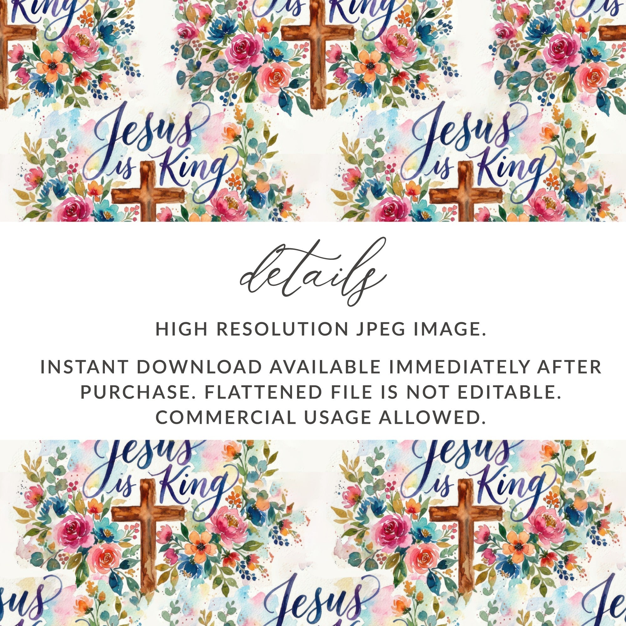 Jesus is King Watercolor Floral Cross Design product type
Jesus is King, Christian Design, Watercolor Art, Floral Pattern, Cross Symbol, Religious Theme, Inspirational Quote, Botanical Print, Handpainted Style, Scripture Art, Faith Based, Colorful Flowers, Spiritual Gift, Pink Blue Green, Artistic Design, Seamless Pattern, Digital Graphic, Worship Art, Hope Inspiration, Holy Cross
