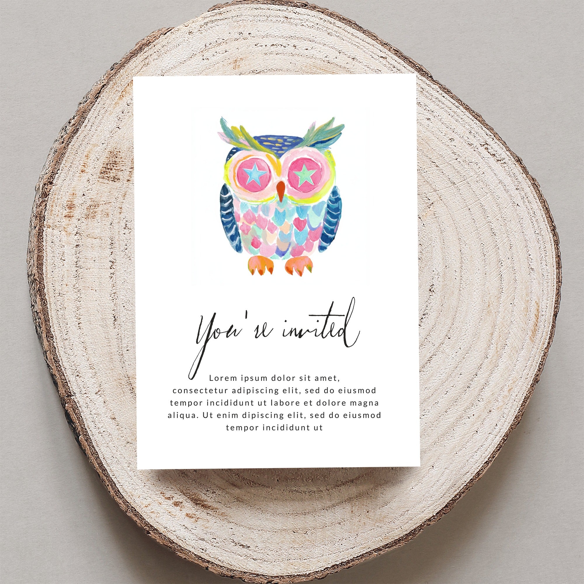 Watercolor owl invitation with "You're invited" text and placeholder copy.