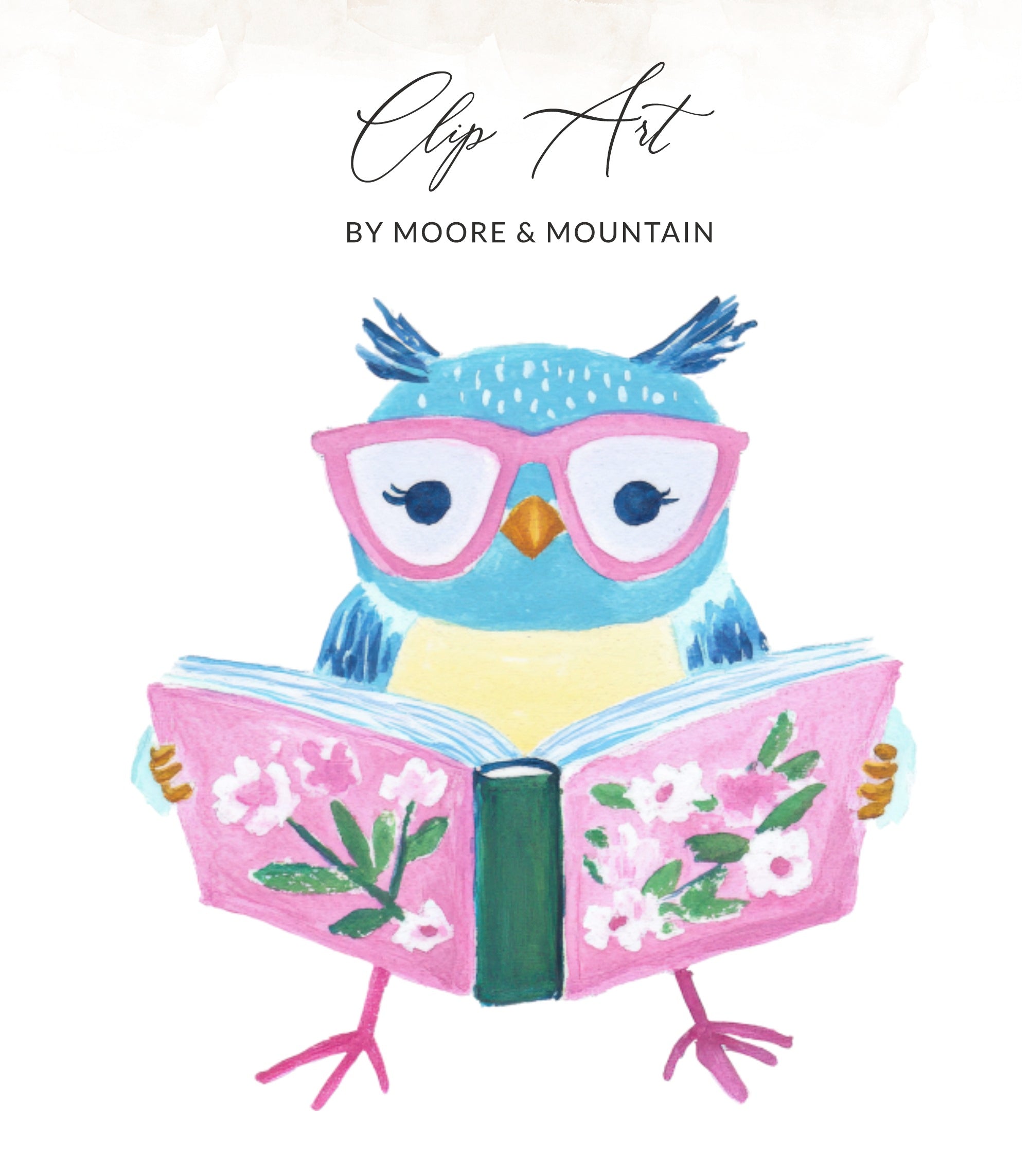 Blue owl wearing pink glasses reads a book with flowers.