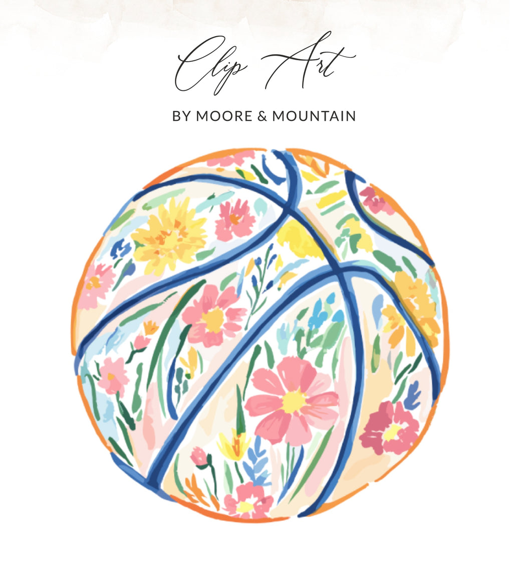 Basketball with floral pattern, text "Clip Art BY MOORE & MOUNTAIN".