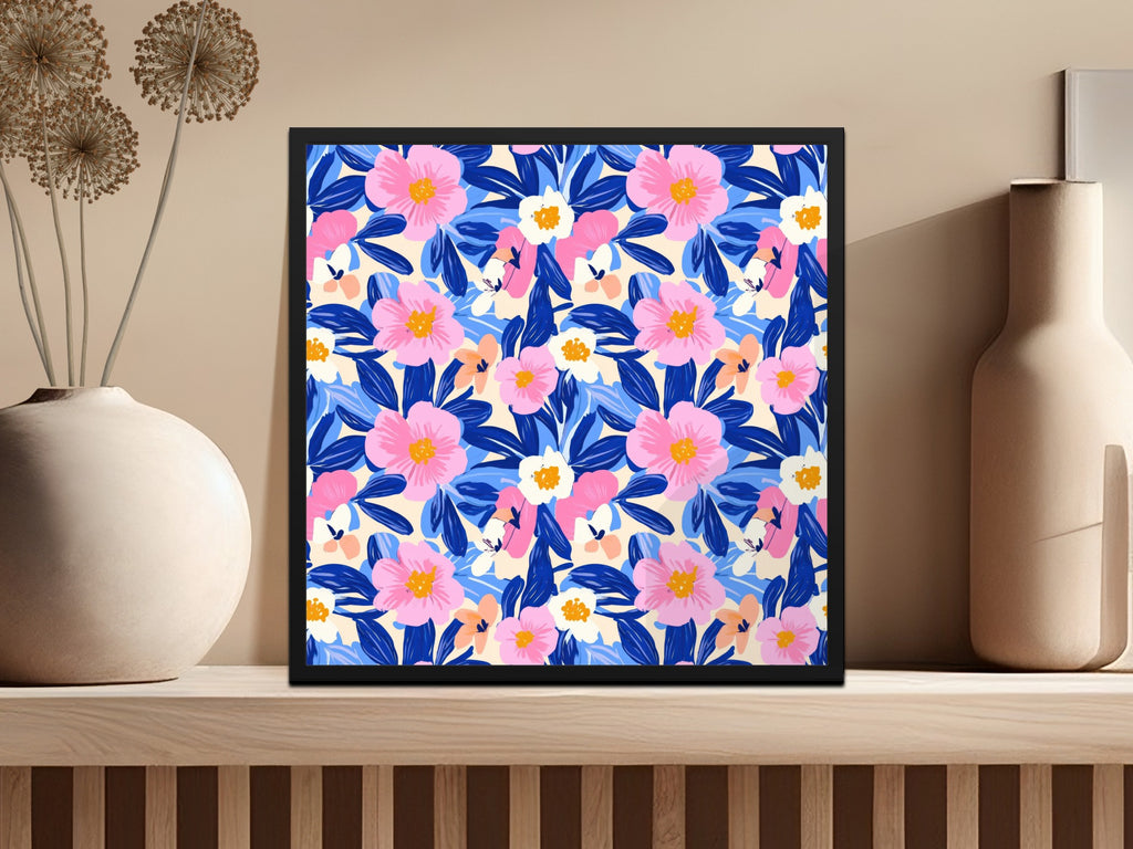 Floral pattern art print with pink, blue, and white flowers in a black frame.
