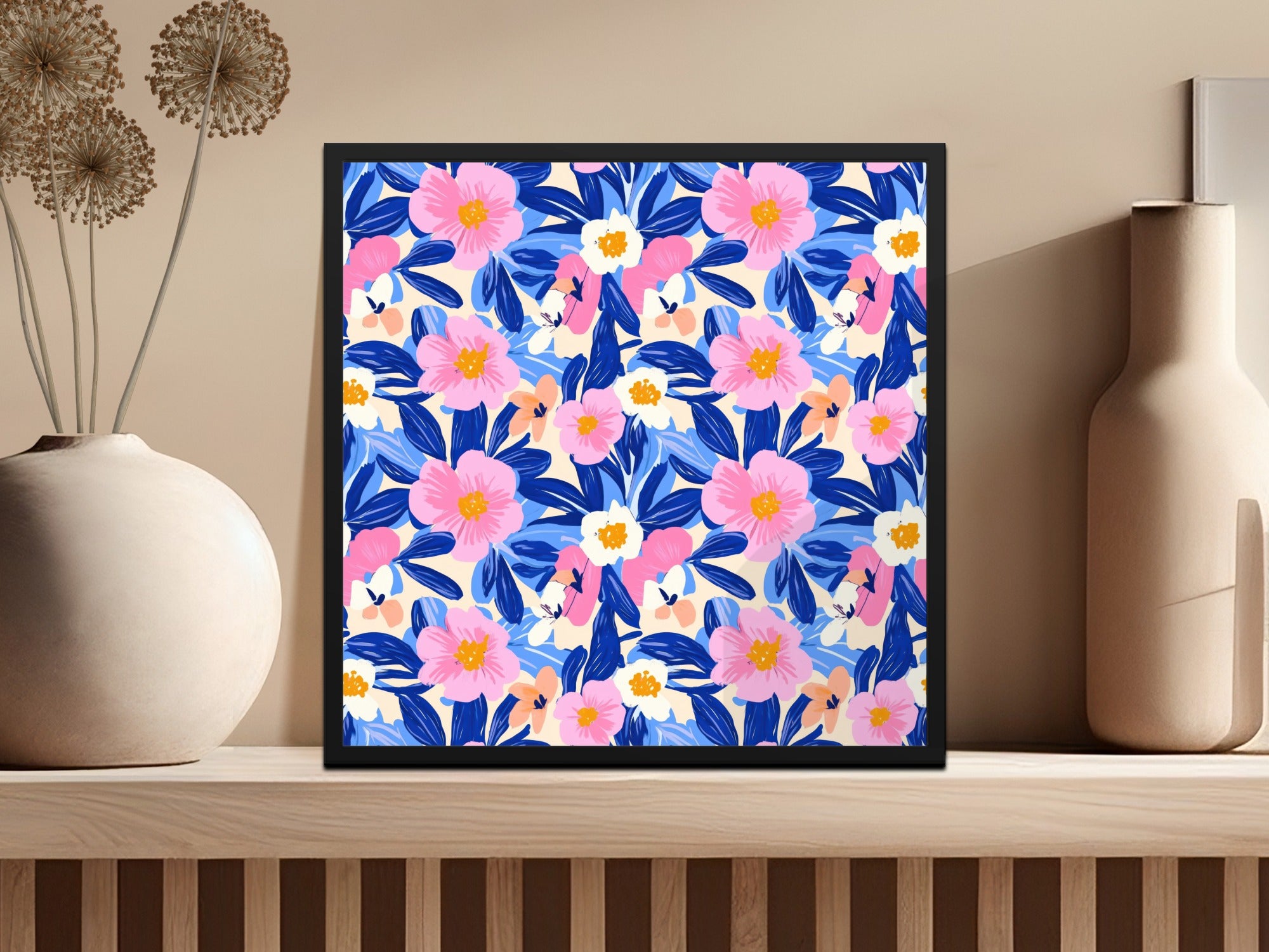Floral pattern art print with pink, blue, and white flowers in a black frame.