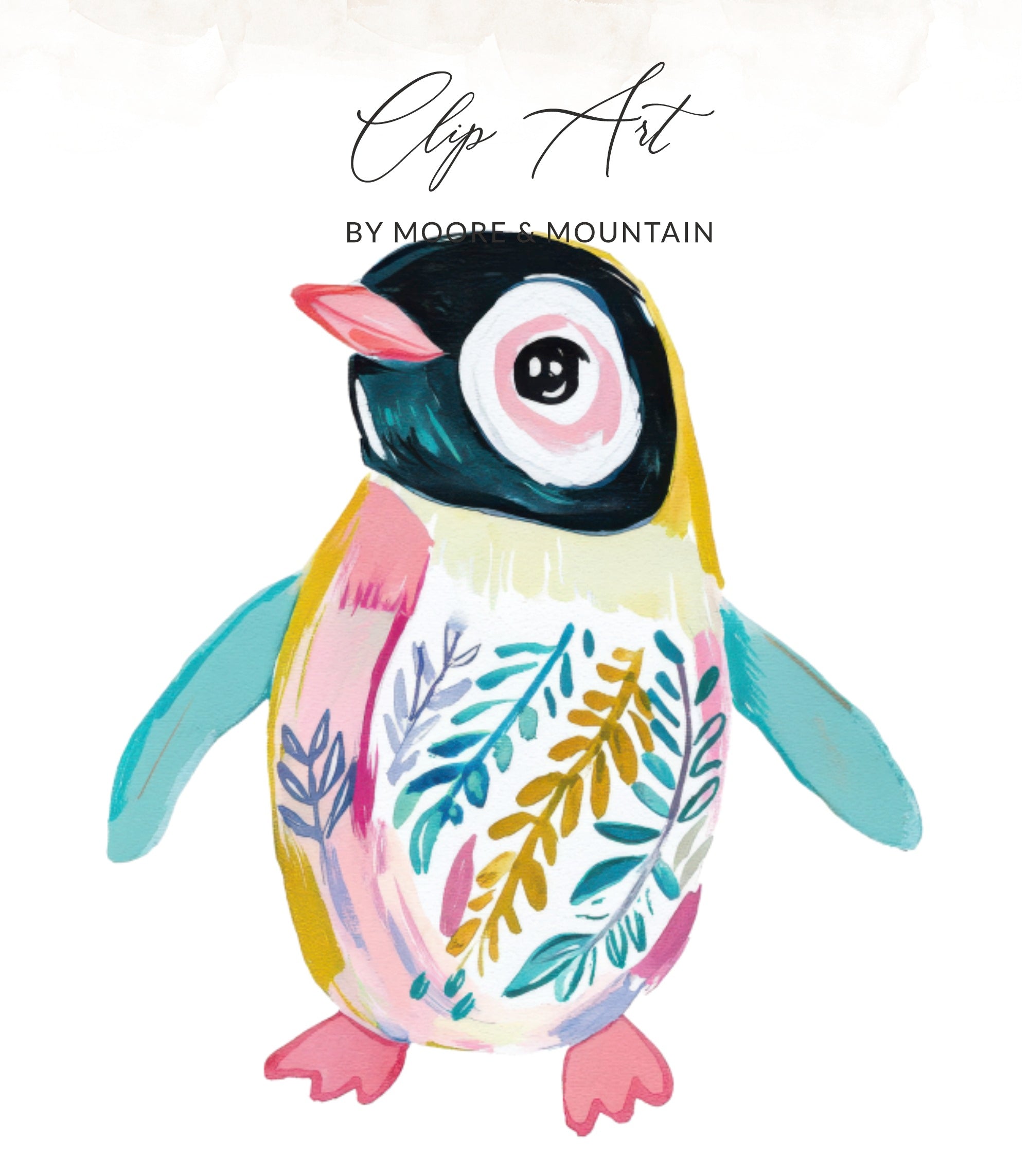Colorful painted penguin with floral designs and "Clip Art" text.