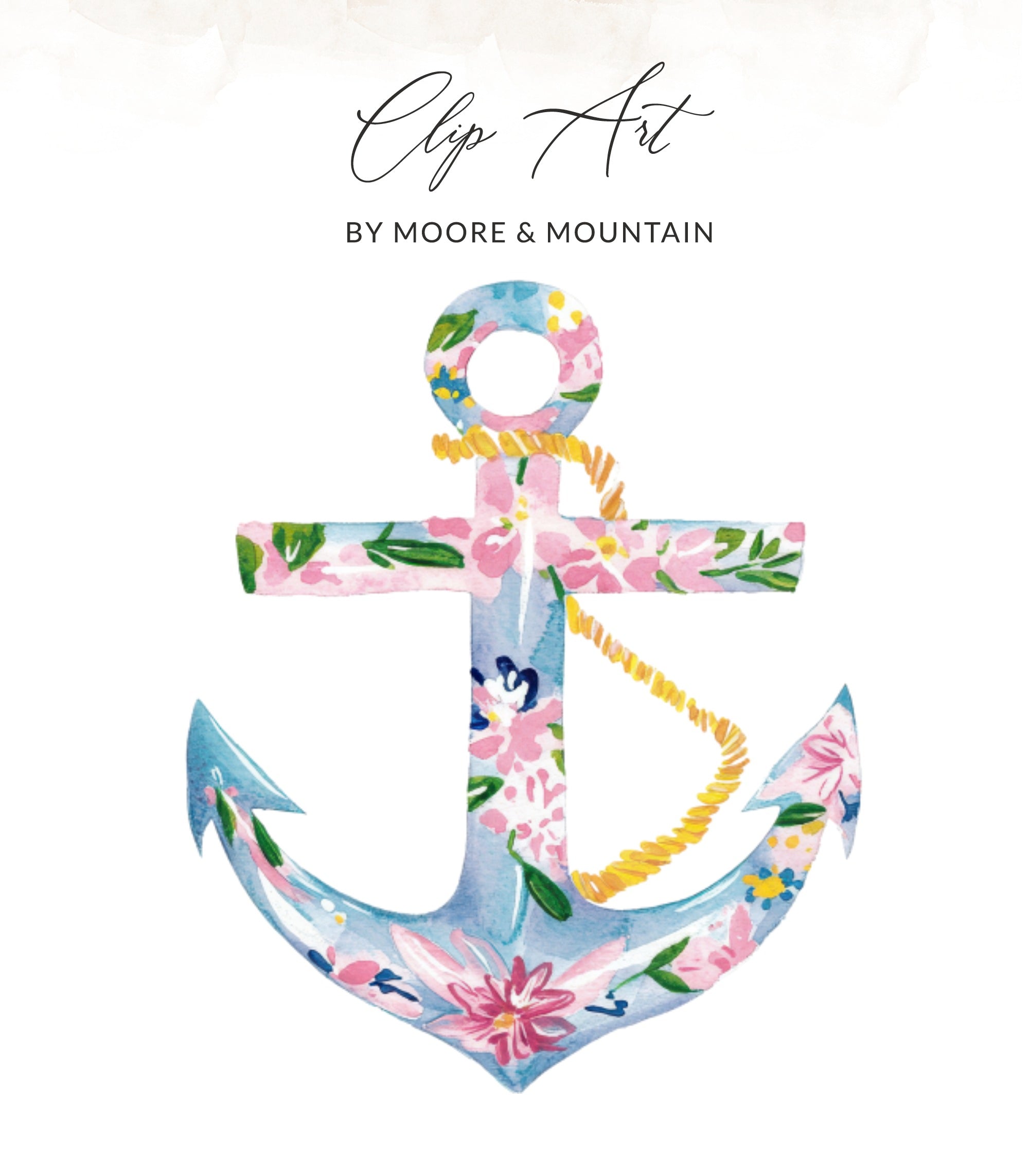 Watercolor anchor with pink floral pattern and yellow rope accent.