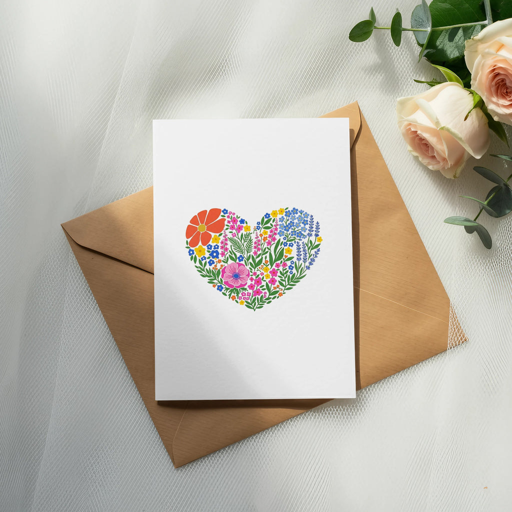 Blank card with colorful floral heart design on brown envelope.