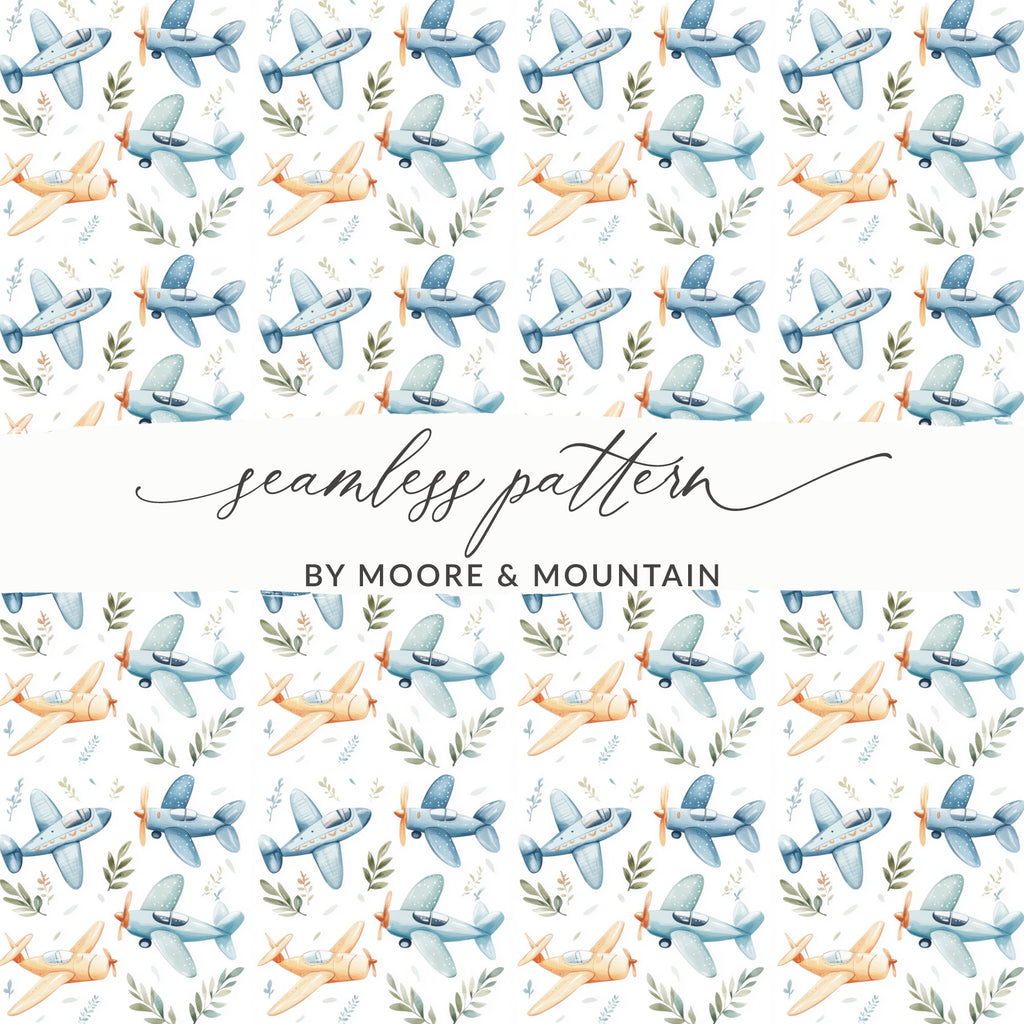 Watercolor Airplanes Foliage Seamless Pattern BY MOORE & MOUNTAIN product type