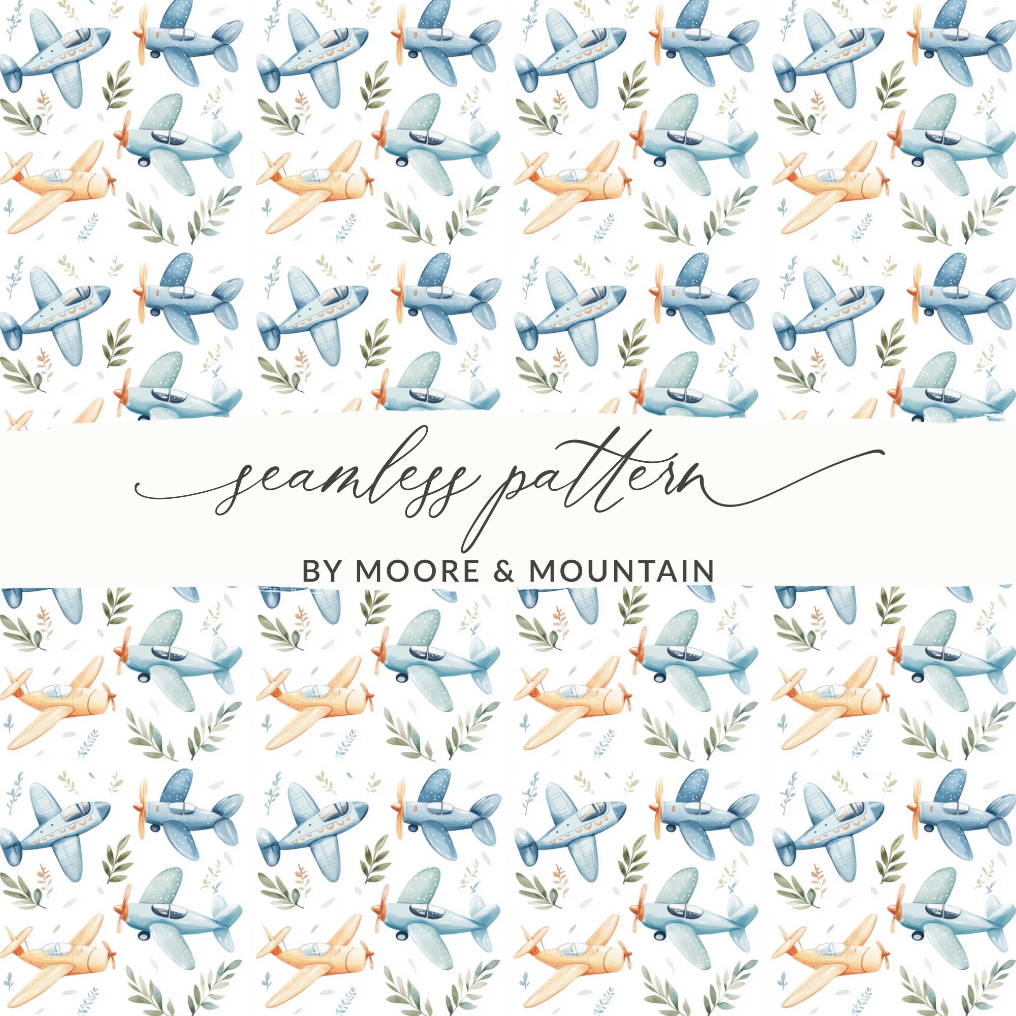 Watercolor Airplanes Foliage Seamless Pattern BY MOORE & MOUNTAIN product type