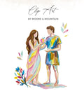 Adam and Eve accepting an apple, with watercolor flowers.