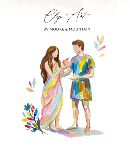 Adam and Eve accepting an apple, with watercolor flowers.