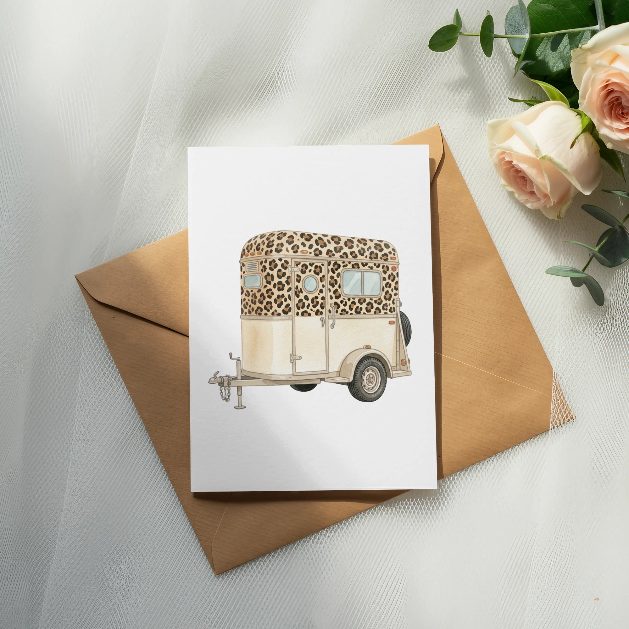 Watercolor painting of a horse trailer with leopard print accents on a card.