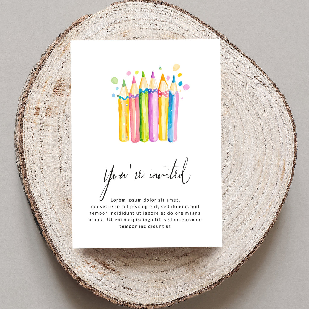 Invitation card with colorful pencils and "You're invited" text.