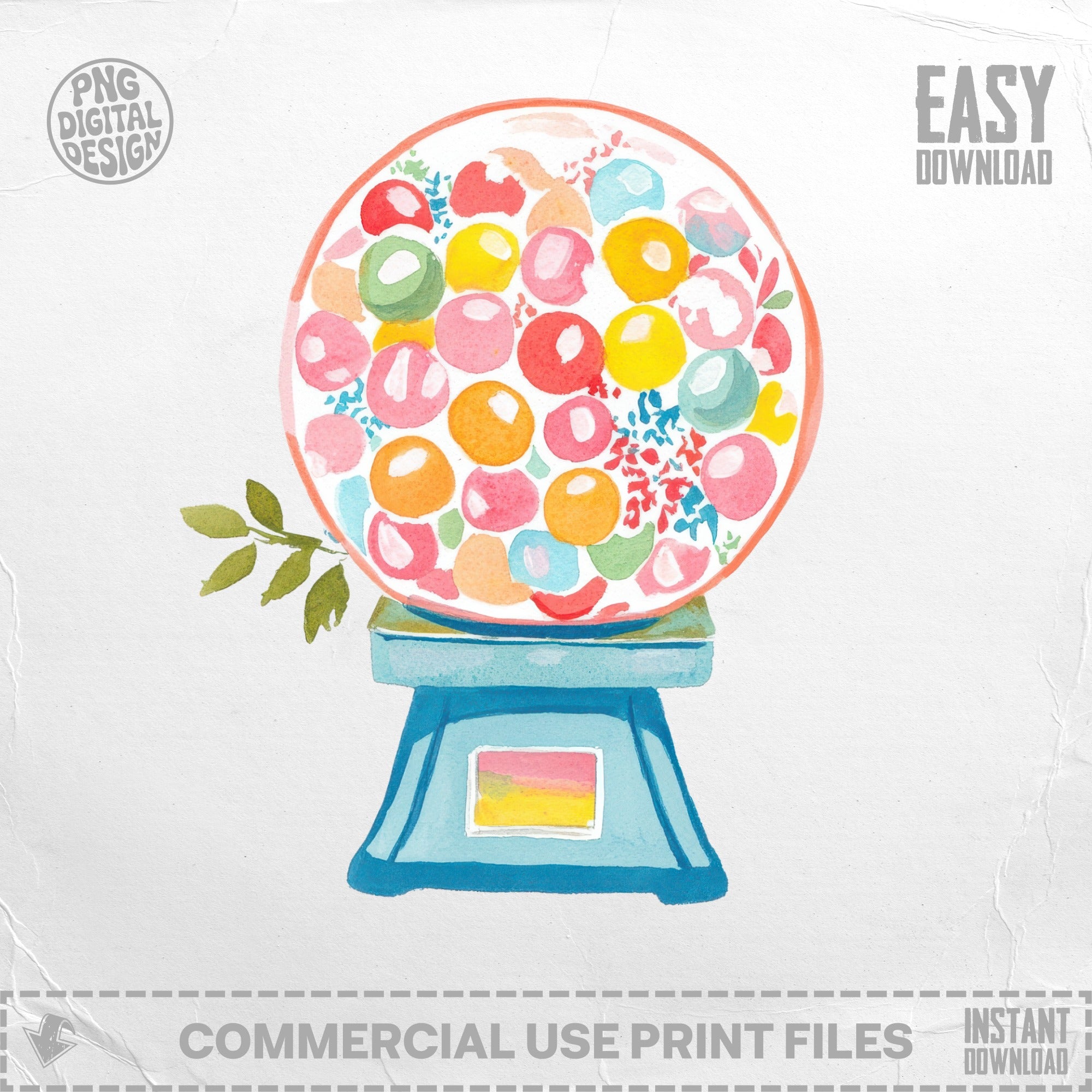 Watercolor illustration of a gumball machine with colorful gumballs and a branch.