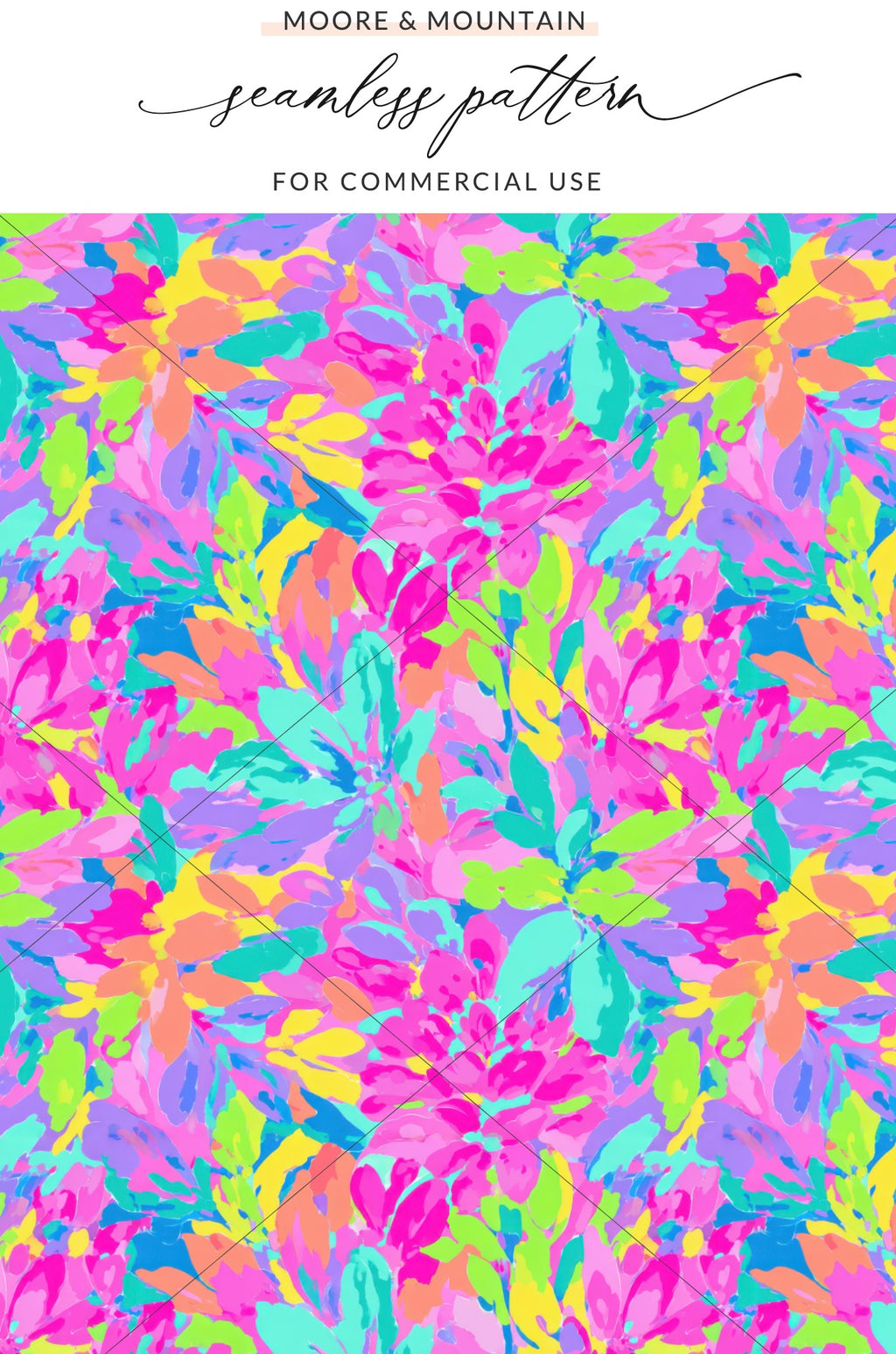 Floral pattern in vibrant pinks, blues, and yellows with "Moore & Mountain" logo.