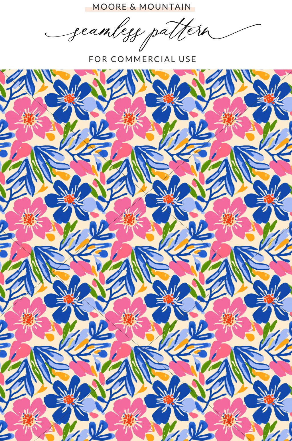 Pink and blue flowers with green leaves on a cream background.