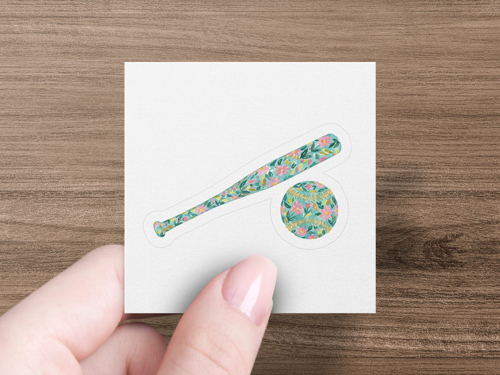 Baseball bat and ball with floral pattern.
