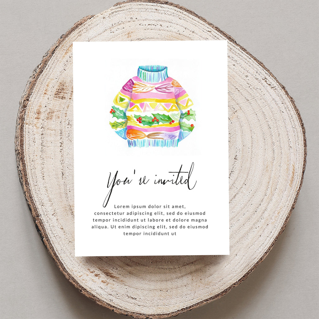 Invitation with colorful knitted sweater graphic and "You're invited" text.
