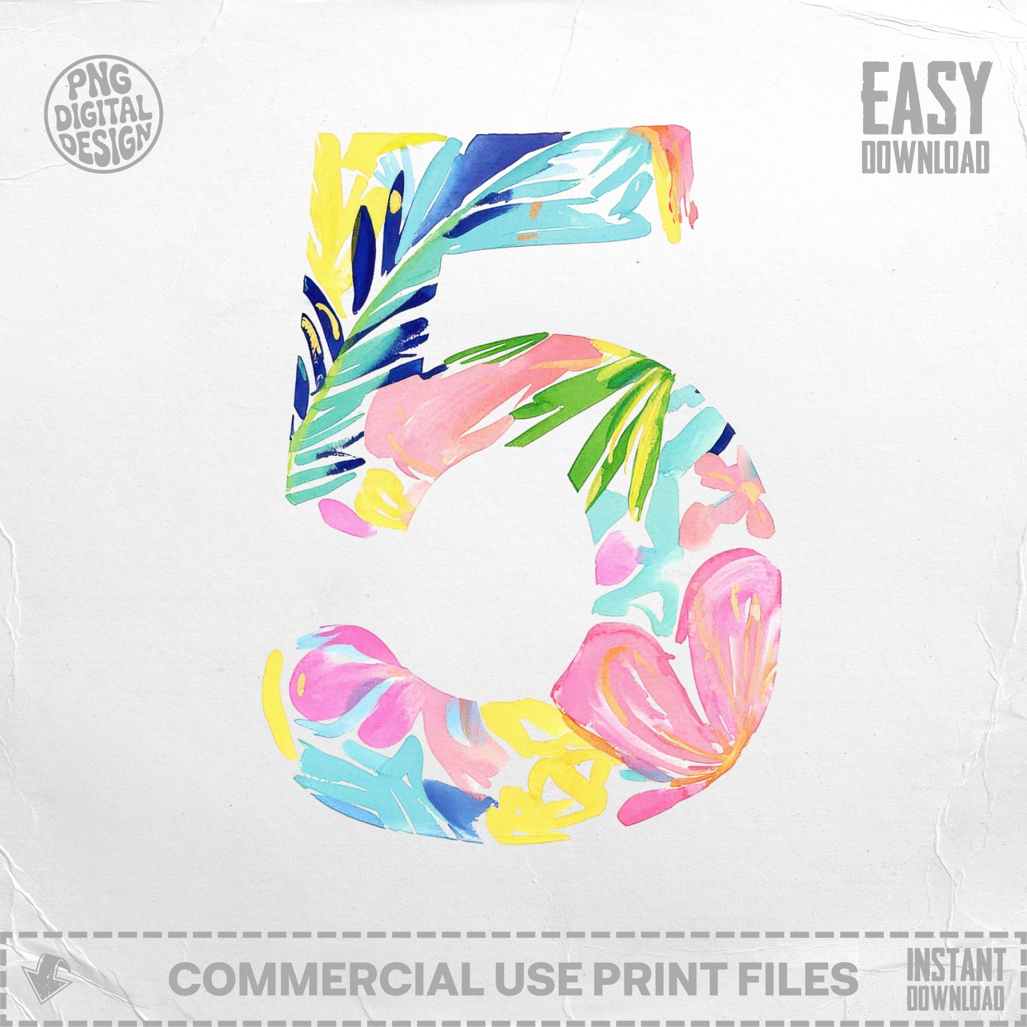 Floral number 5 with "Easy Download" and "Commercial Use Print Files" text.