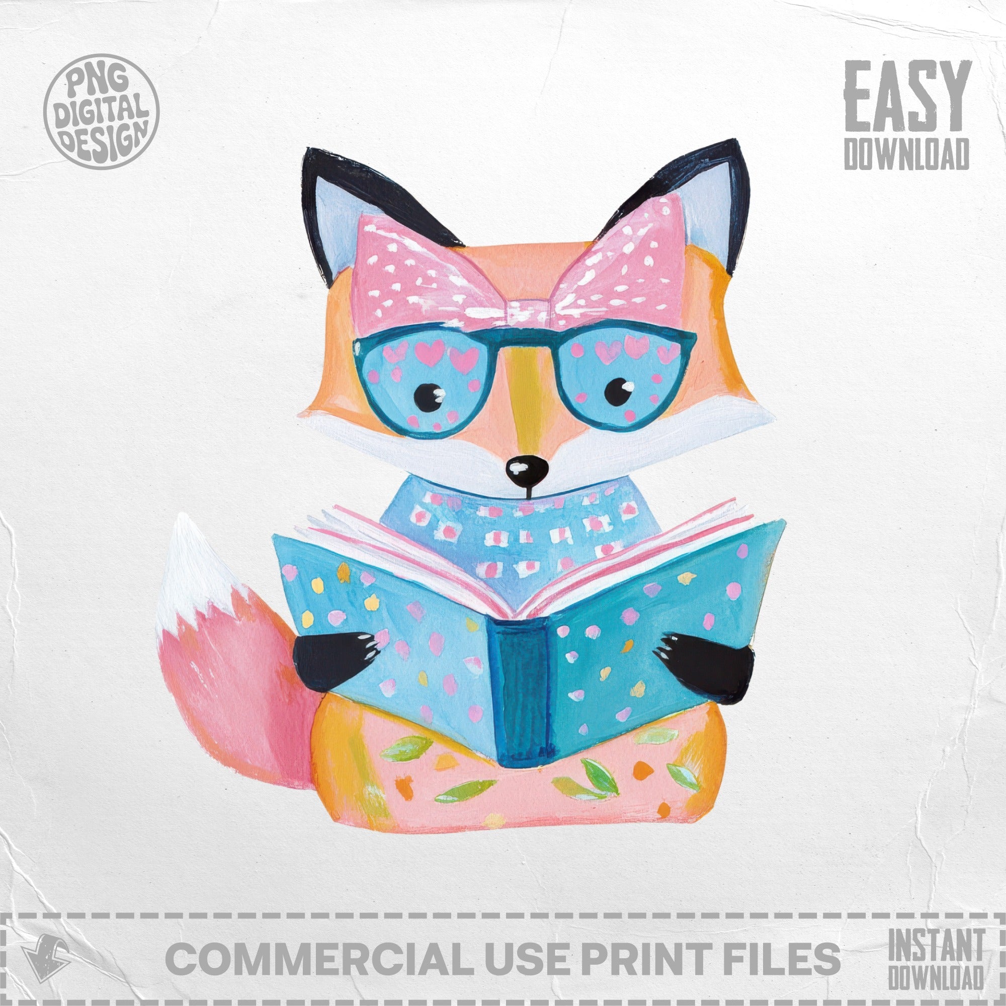 Cartoon fox wearing glasses and a bow reading a book.