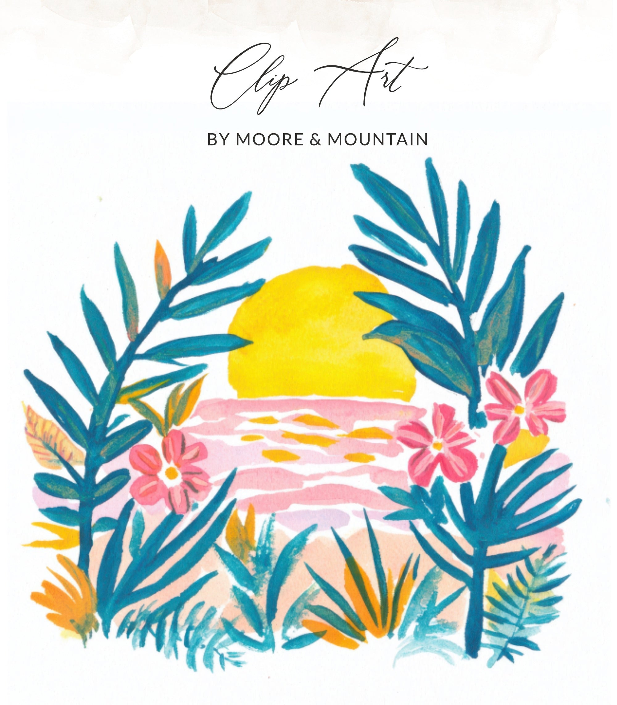 Watercolor illustration of a sunset over water with palm fronds and flowers.