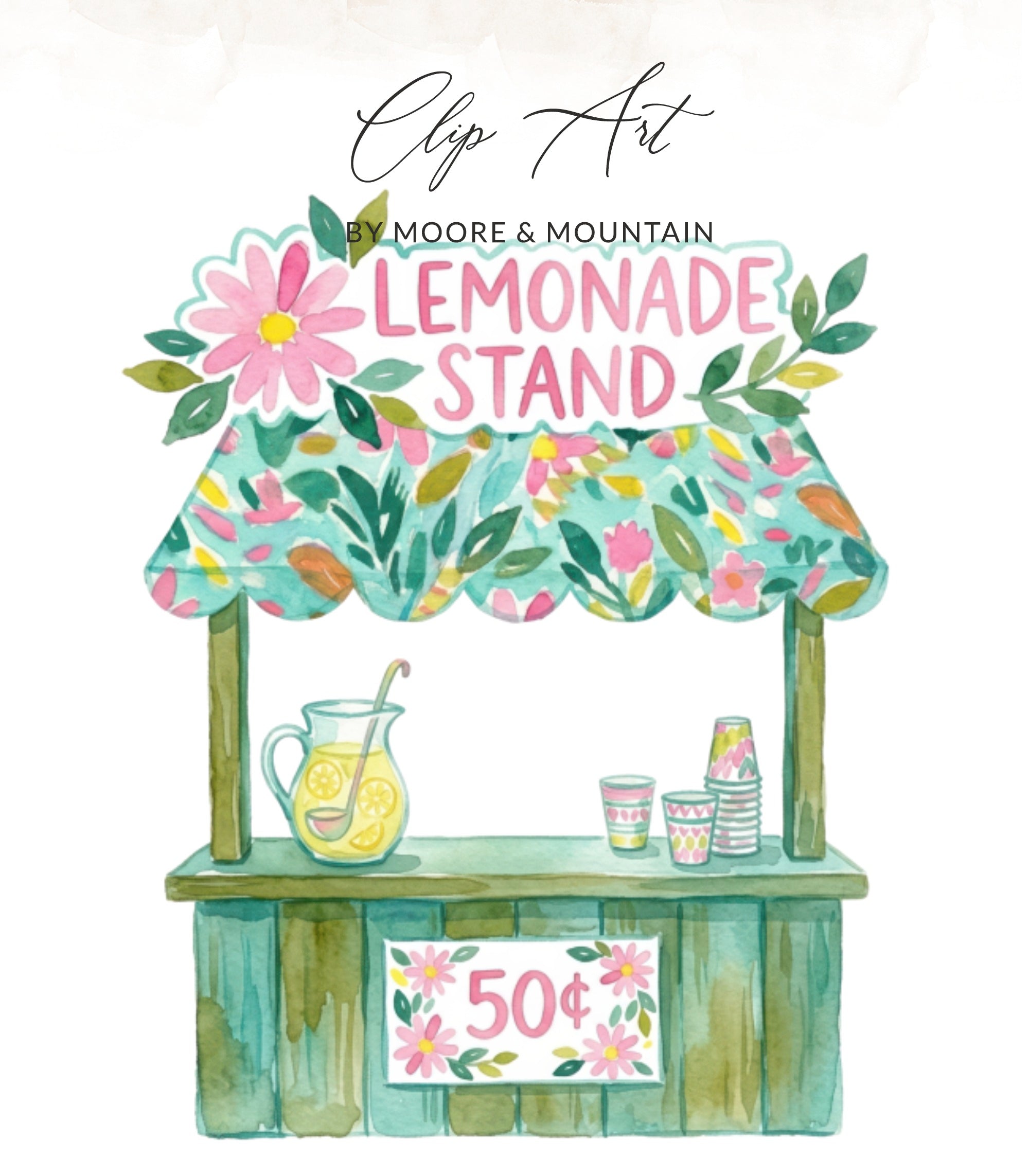Watercolor lemonade stand with floral pattern and 50 cent sign.