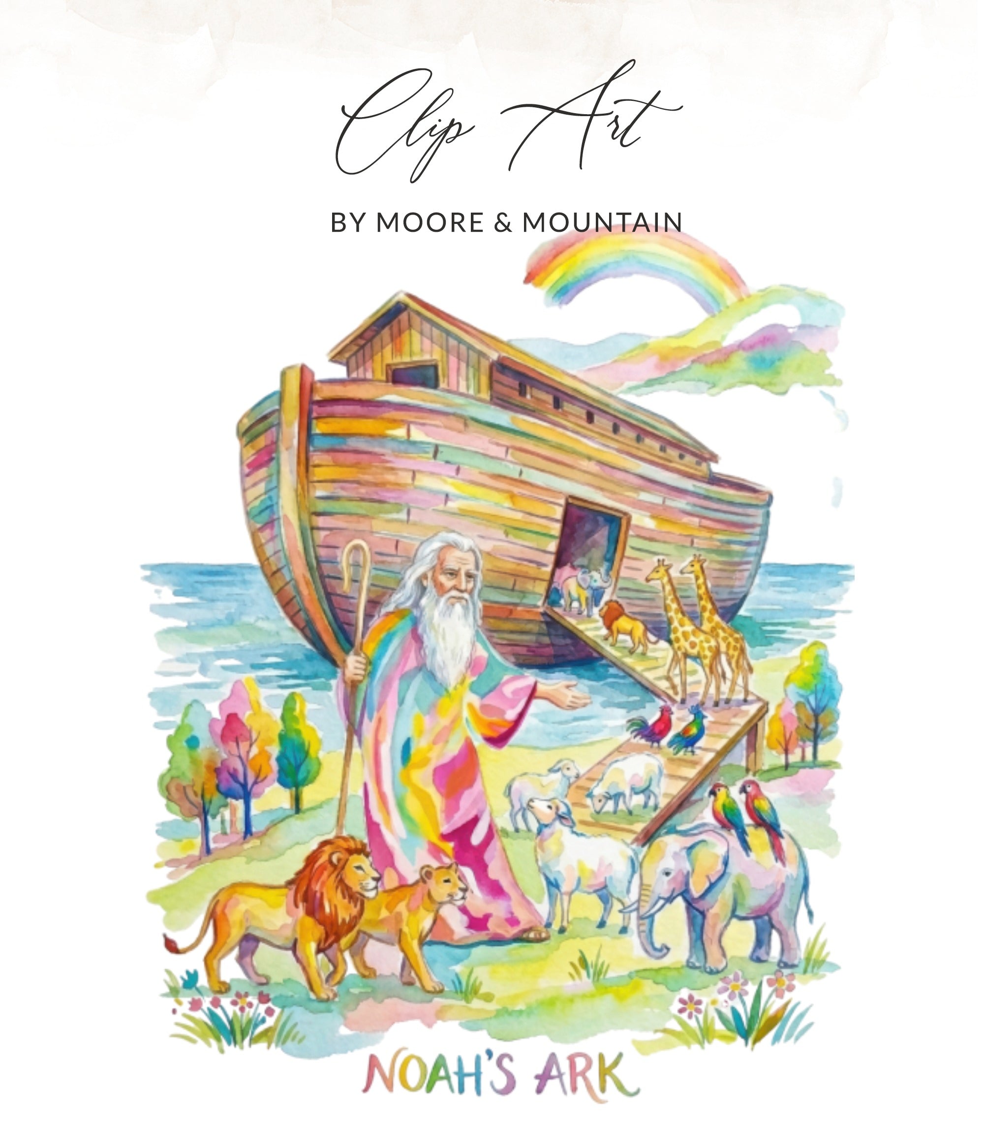 Noah's Ark with animals and rainbow, titled "Clip Art by Moore & Mountain".