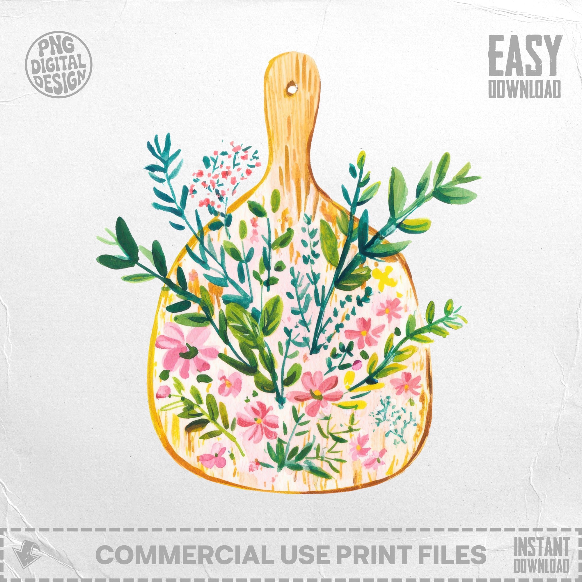 Wooden cutting board with a watercolor floral illustration and "EASY DOWNLOAD" text.