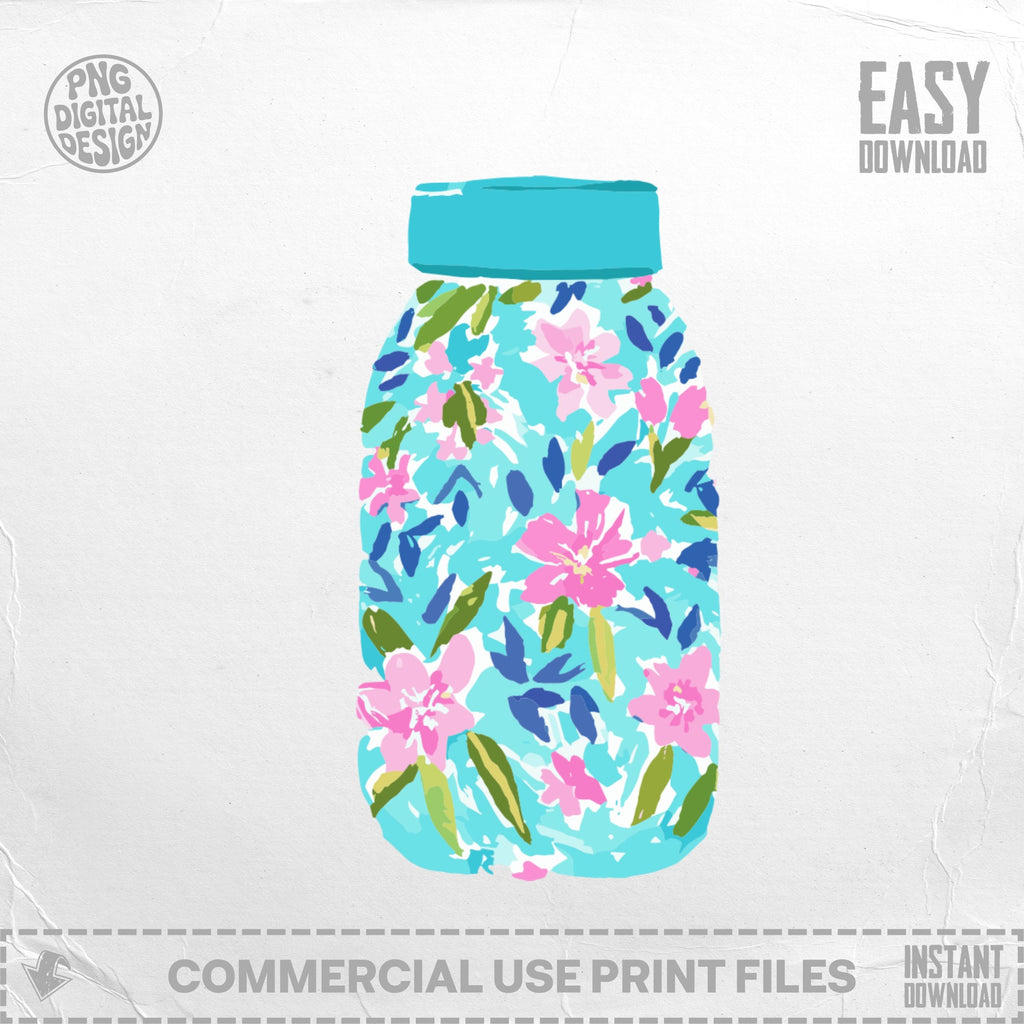 Turquoise mason jar with a floral pattern of pink flowers and blue leaves.