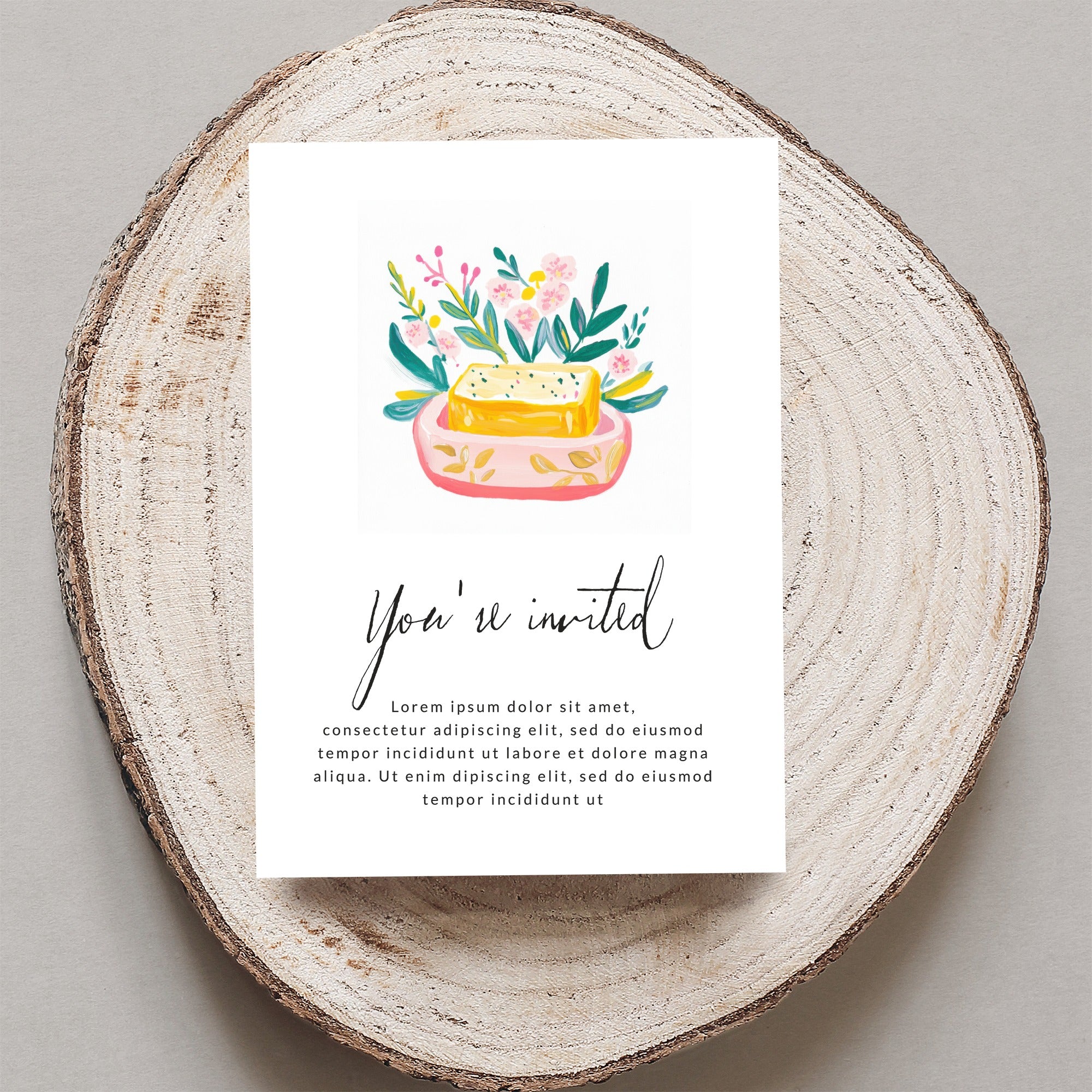 Invitation card with "You're invited" and placeholder text.