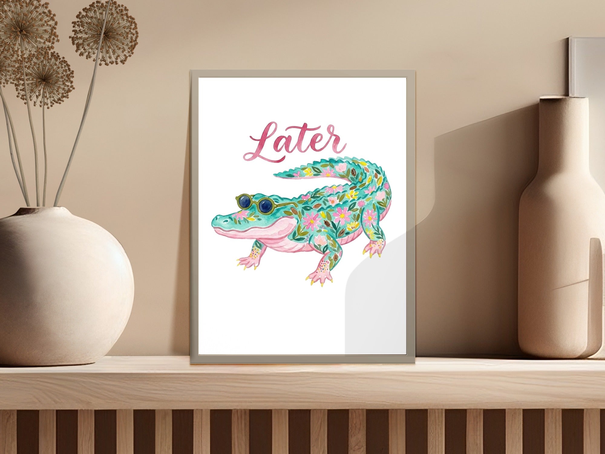 Floral alligator wearing sunglasses on framed art print.