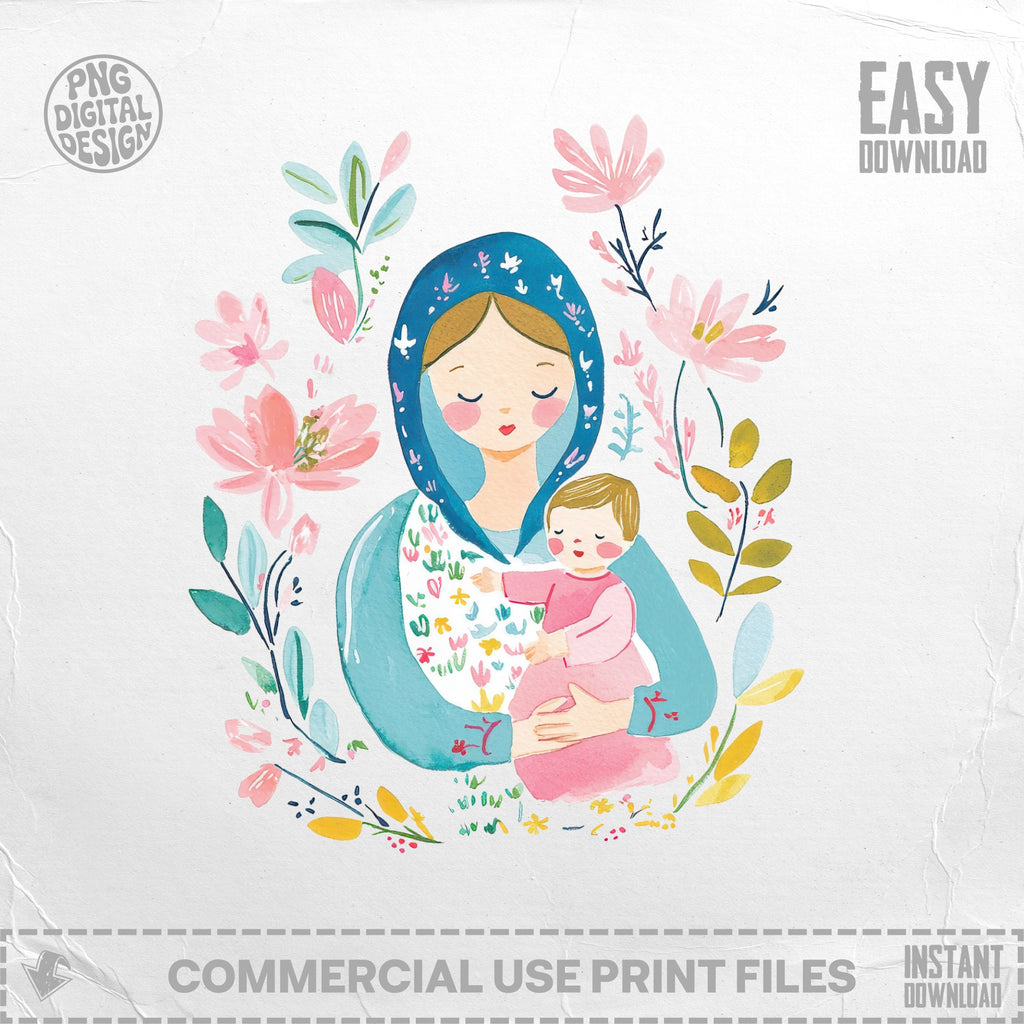 Illustration of a mother in blue holding a baby, surrounded by floral elements.