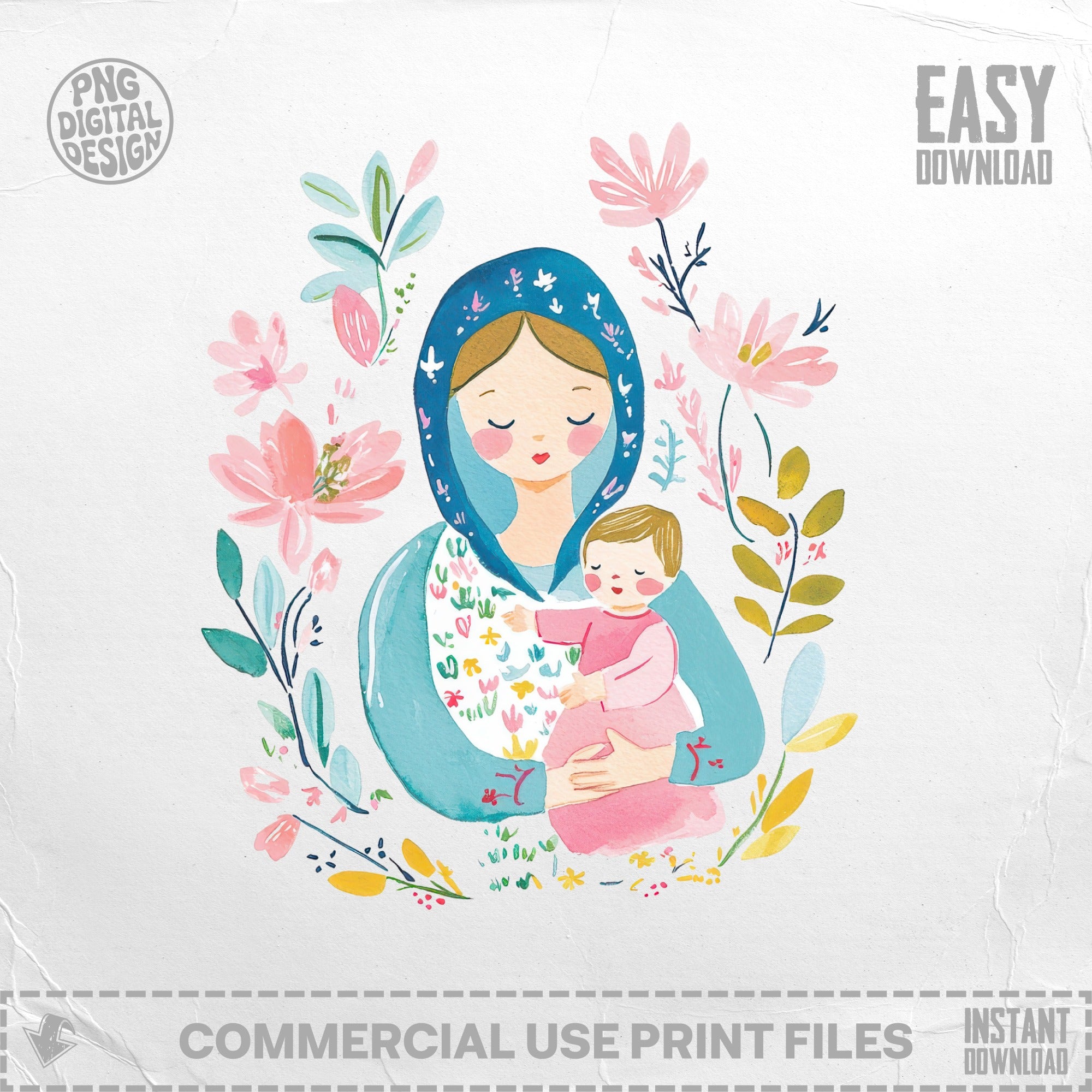 Illustration of a mother in blue holding a baby, surrounded by floral elements.