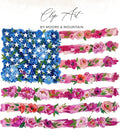 Floral American flag with watercolor flowers and stars.