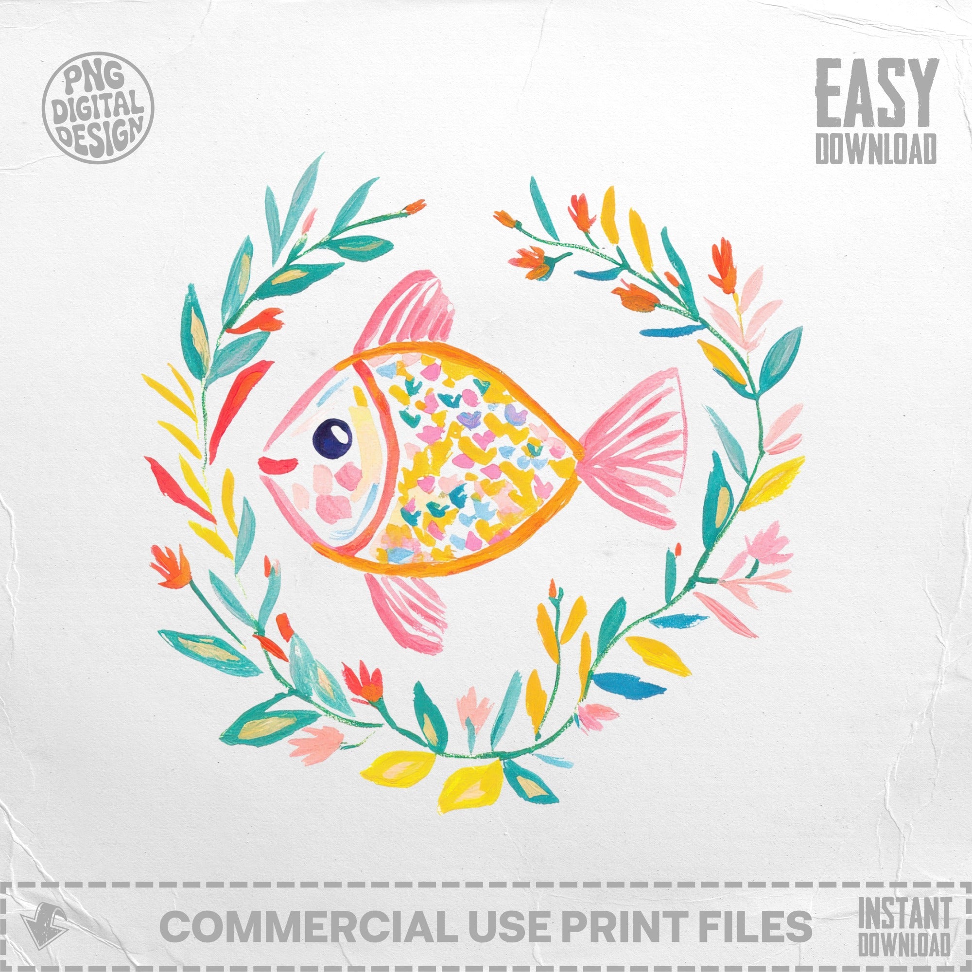 Watercolor fish inside floral wreath with "PNG Digital Design" and "Easy Download".