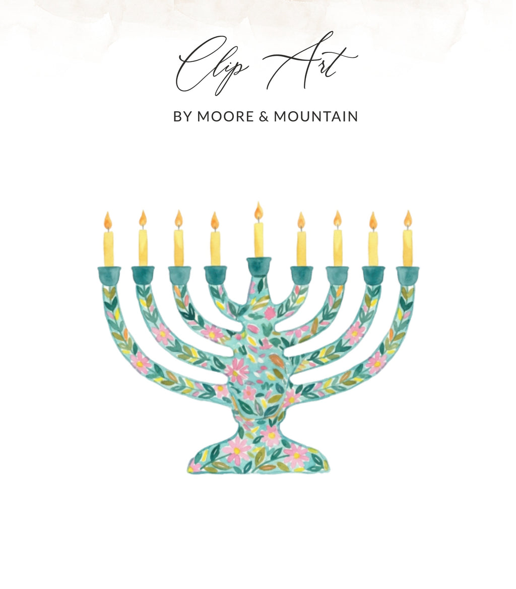 Floral menorah with nine lit candles on a white background.