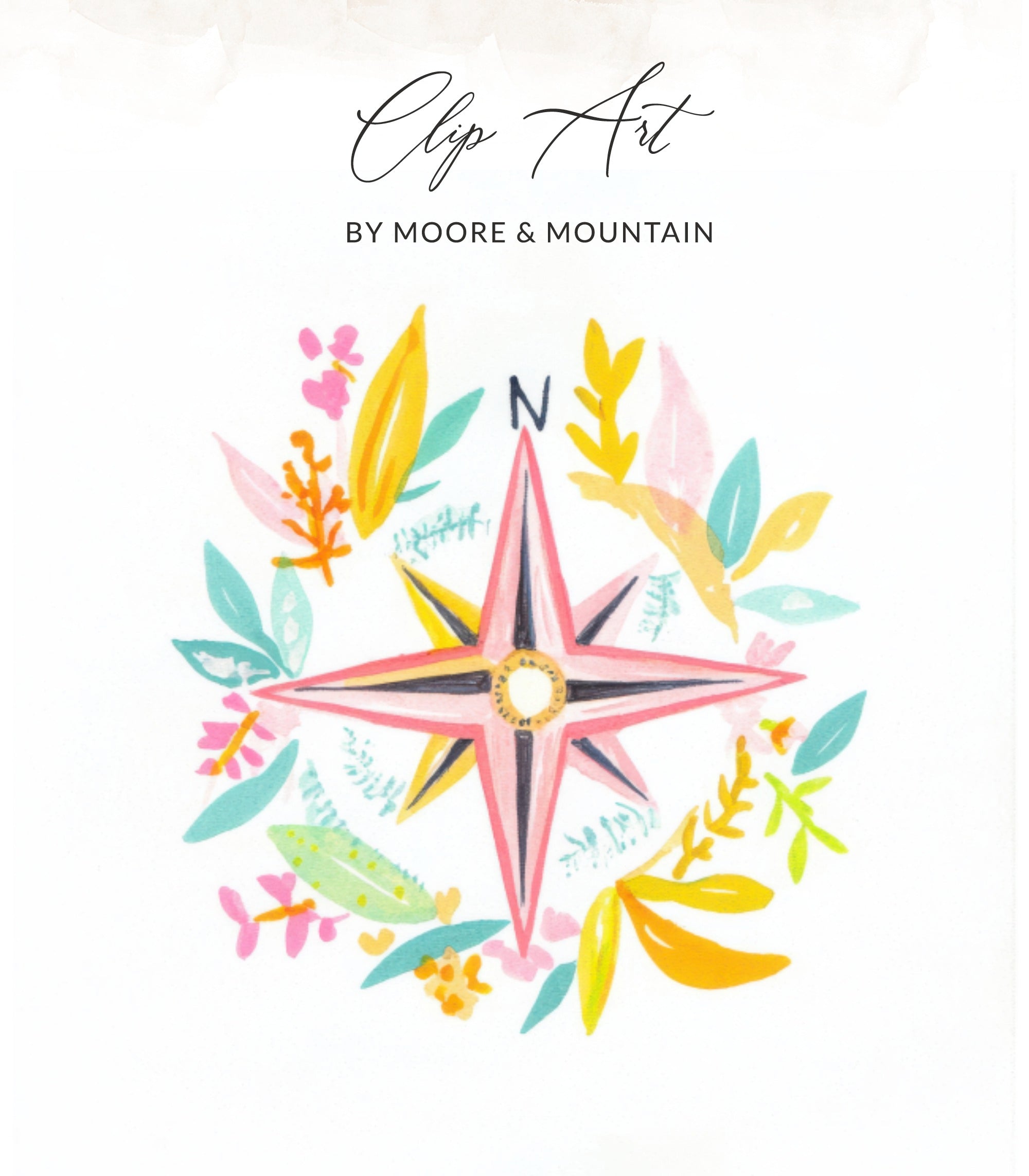 Watercolor compass rose with floral accents and text "Clip Art".