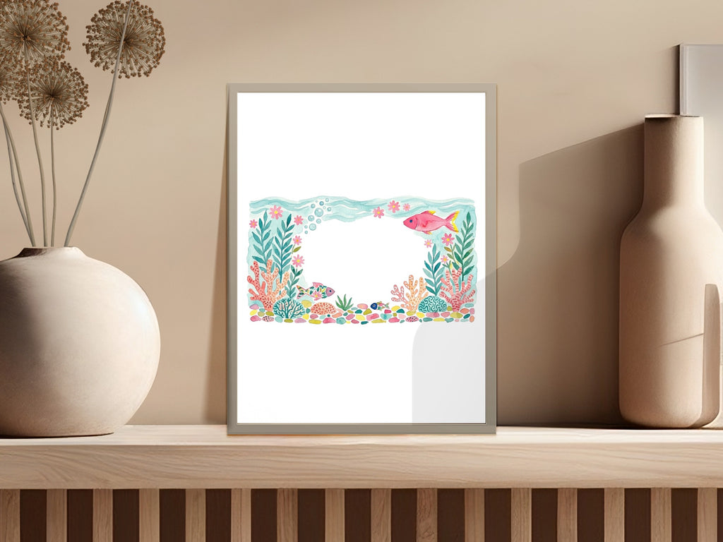 Watercolor illustration of a coral reef with colorful fish and plants in a frame.
