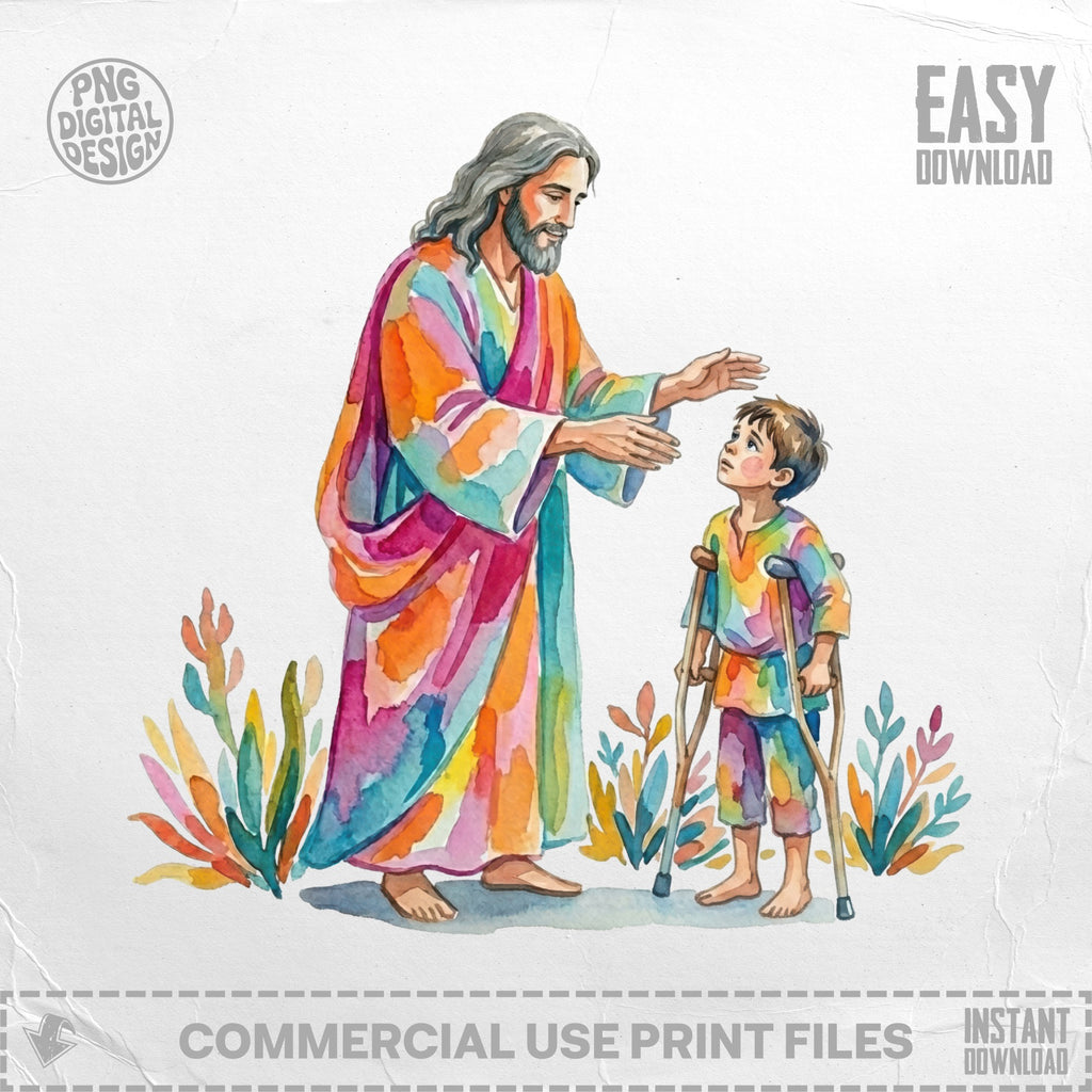 Jesus and a boy with crutches, surrounded by colorful foliage.