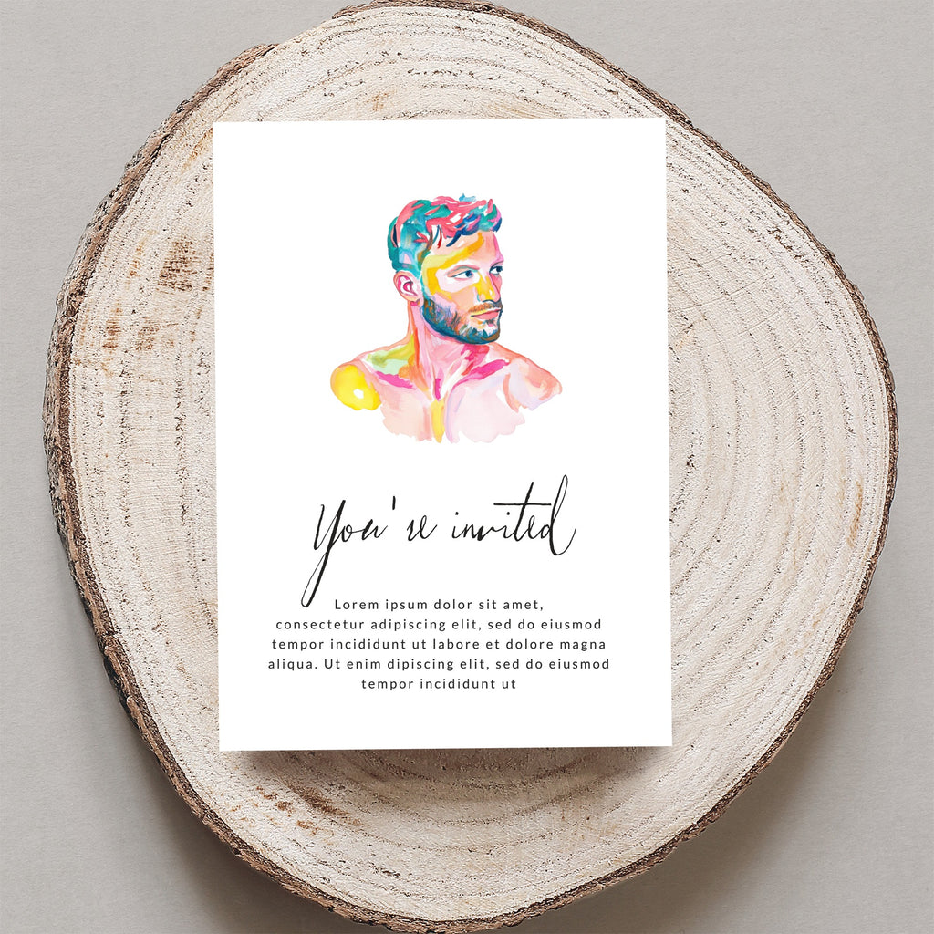 Invitation featuring a watercolor portrait of a man and placeholder text.