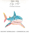 Watercolor shark with colorful spots and open mouth.