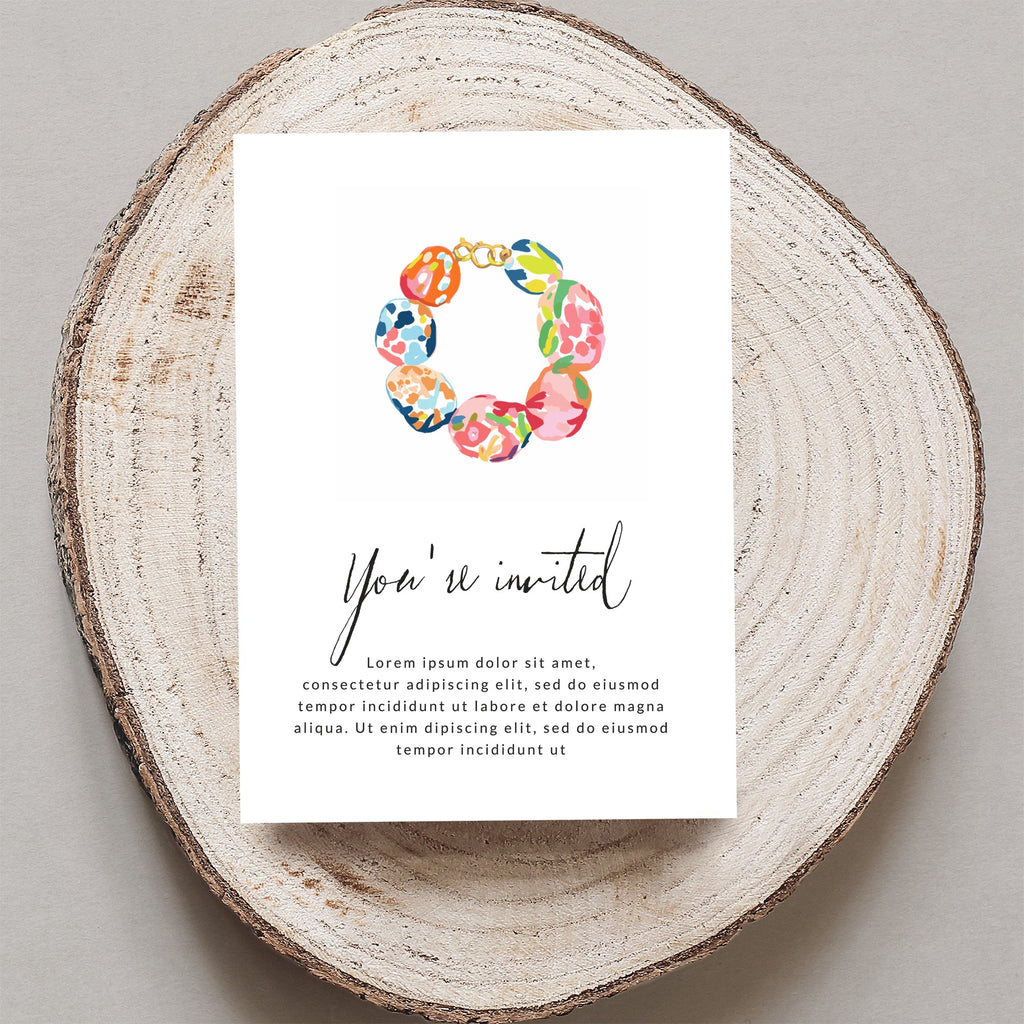 Invitation card with "You're invited" and floral bracelet illustration.