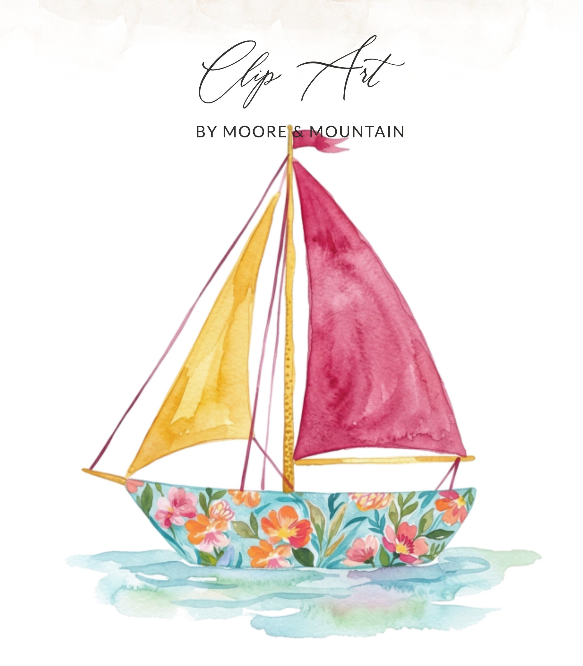 Watercolor sailboat with floral hull and pink and yellow sails on blue water.