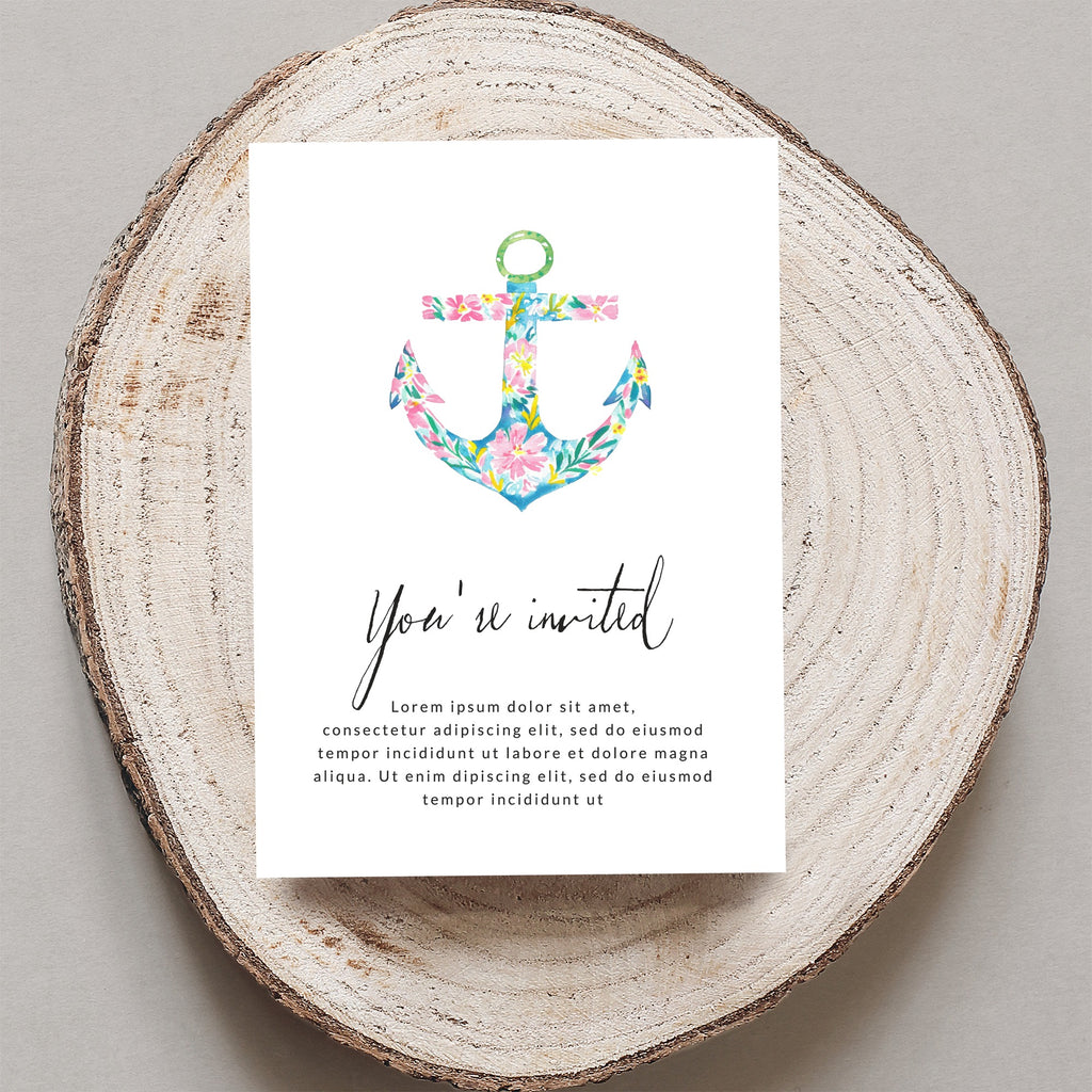 Invitation card with floral anchor illustration and "You're invited" text.