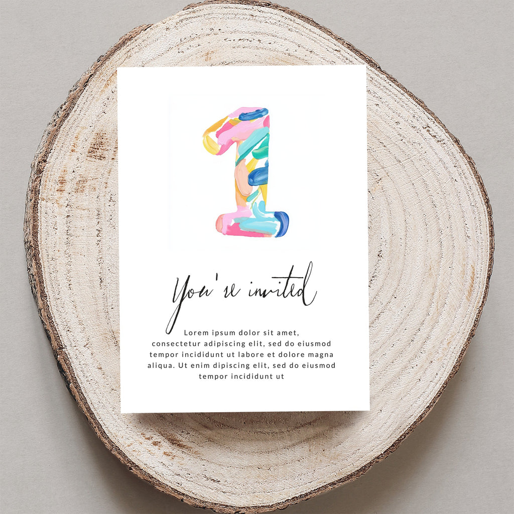Invitation card with a large, colorful number "1" and "You're invited" text.