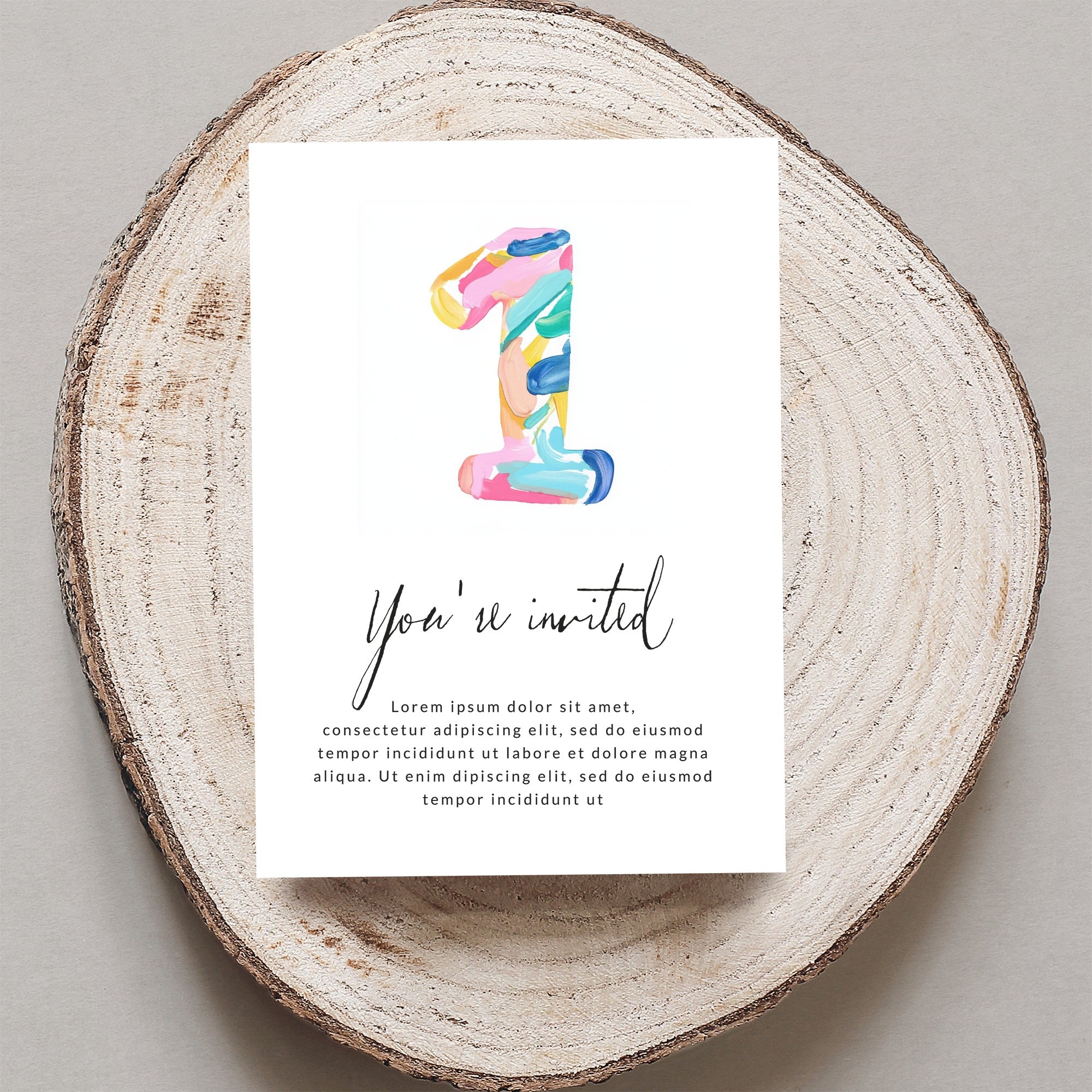 Invitation card with a large, colorful number "1" and "You're invited" text.