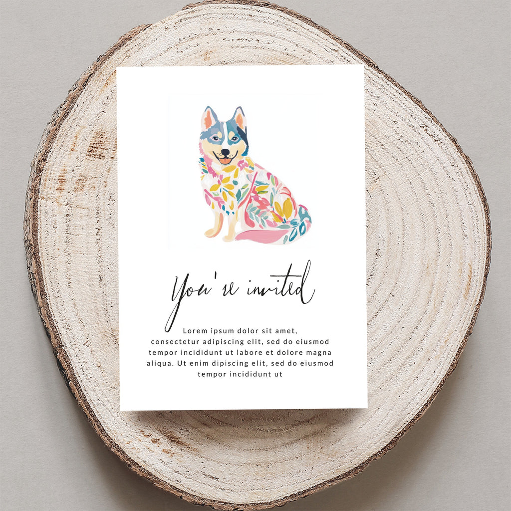 Card with floral husky illustration and "You're invited" text.