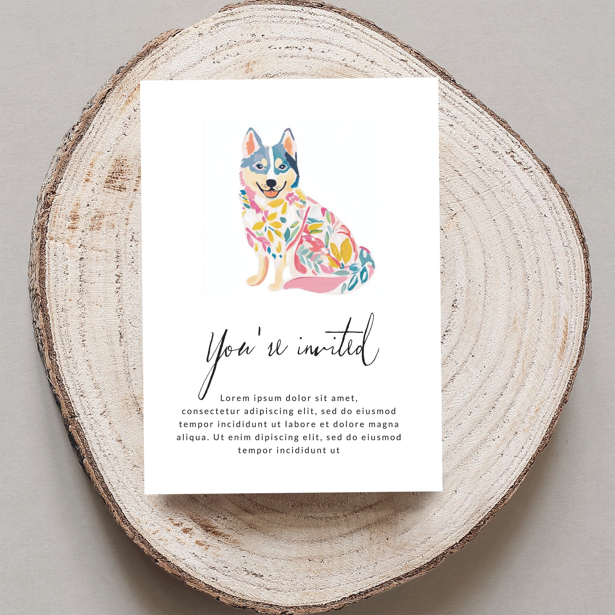 Card with floral husky illustration and "You're invited" text.