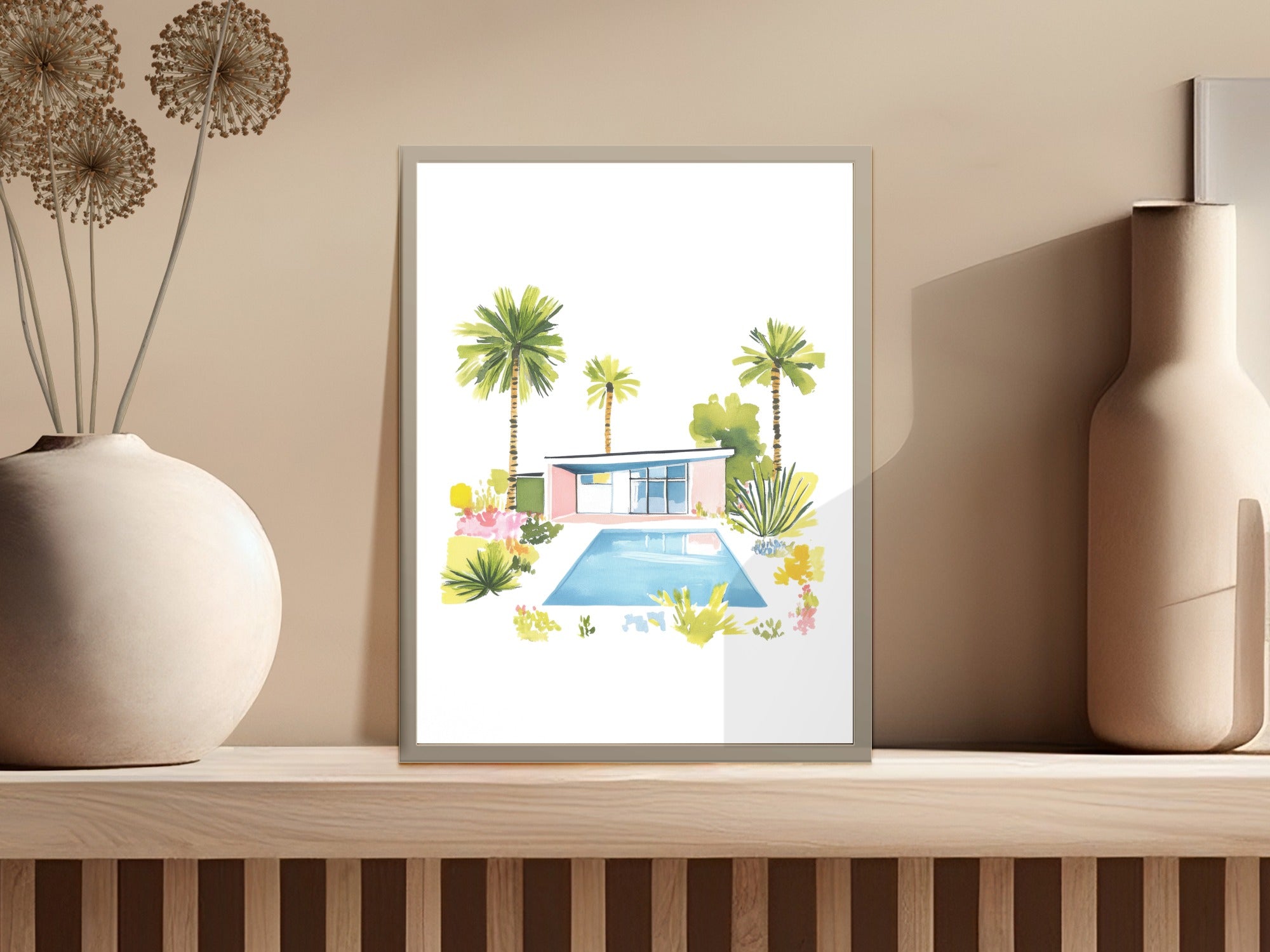 Watercolor art print of a mid-century modern house with a pool and palm trees.