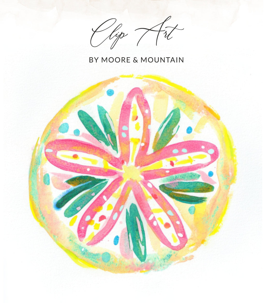 Watercolor illustration of a colorful, abstract floral design with text "Clip Art BY MOORE & MOUNTAIN".